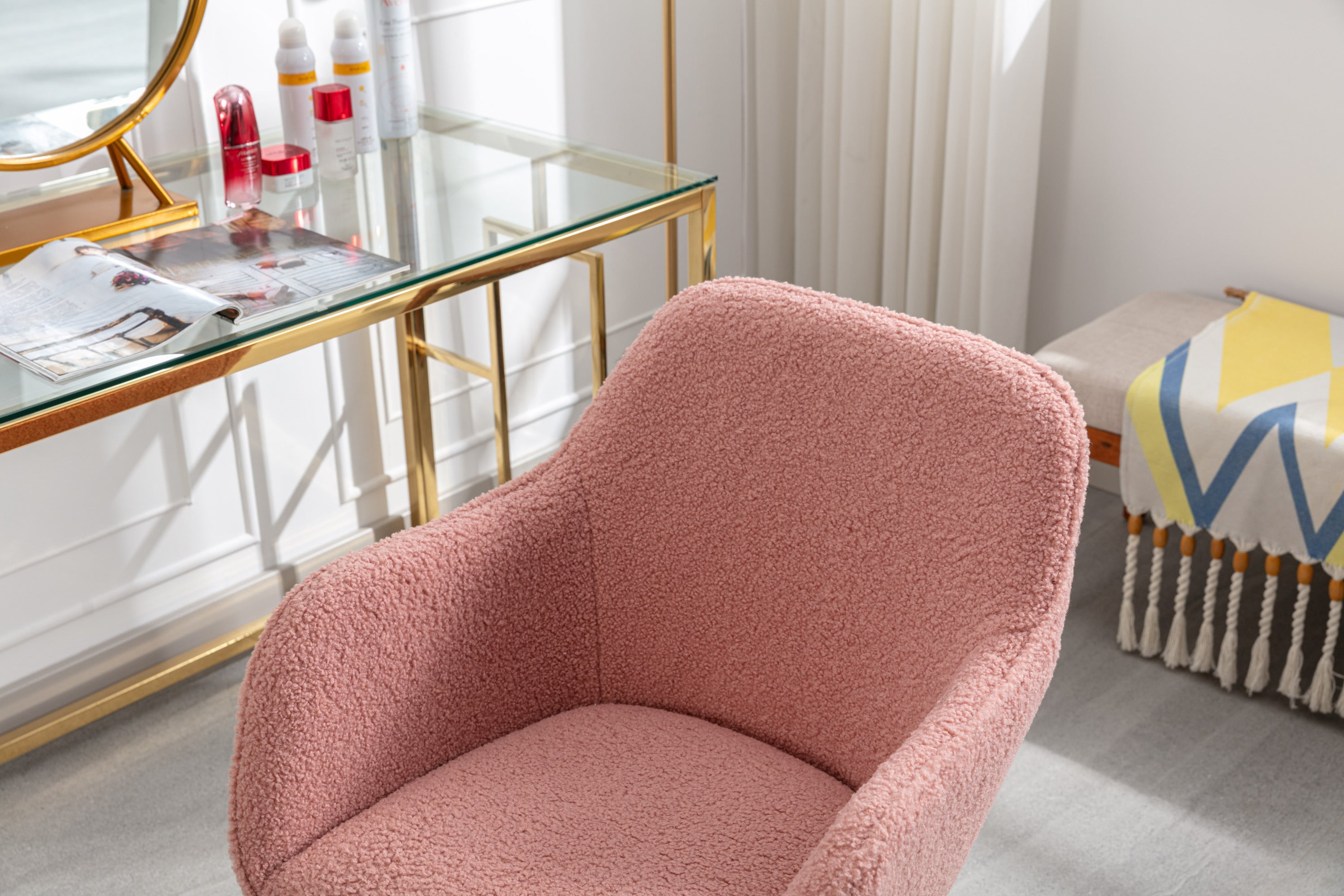 Modern Teddy Fabric Material Adjustable Height 360 Revolving Home Office Chair With Gold Metal Legs And Universal Wheel For I