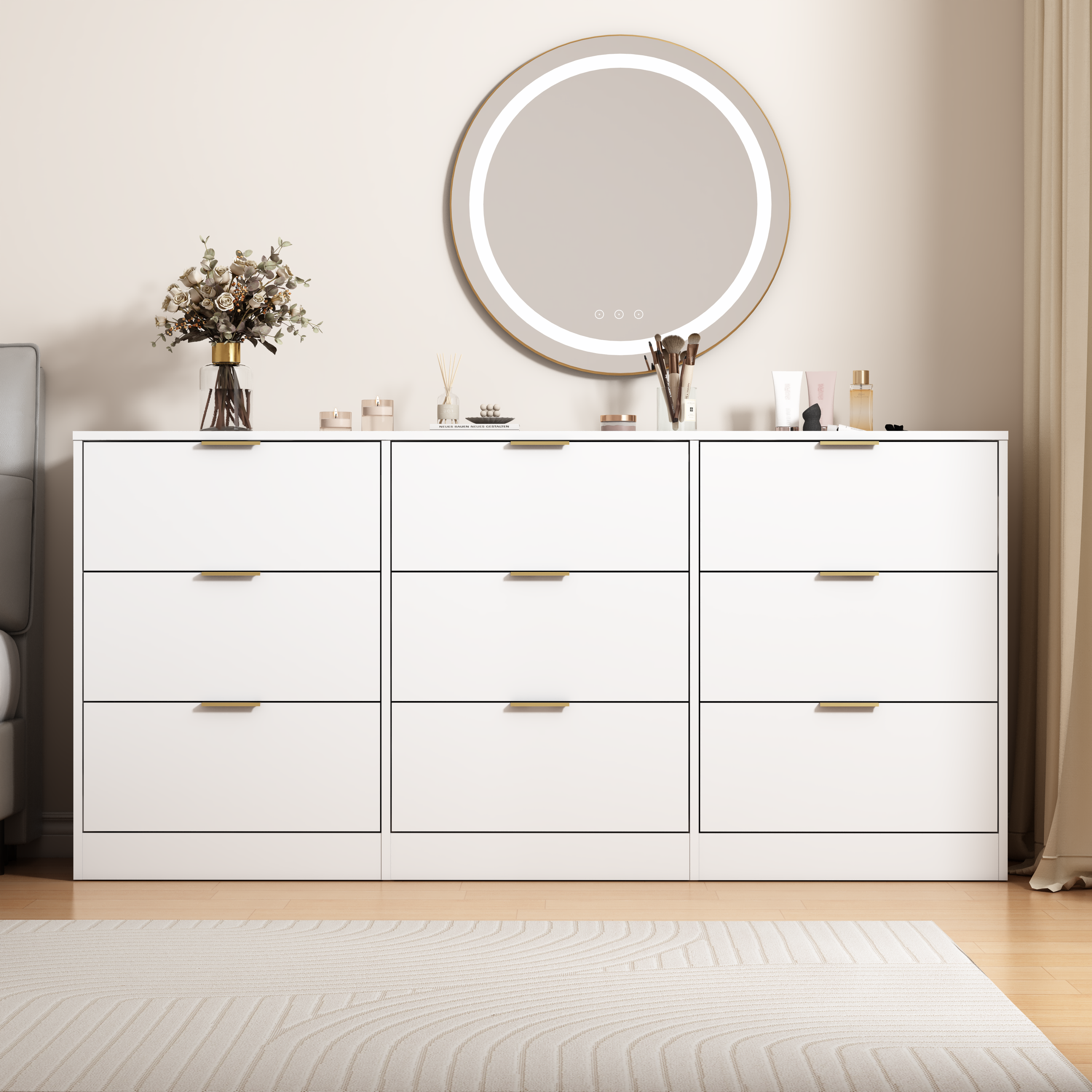 White 9 Drawer Dresser, 63' Large Deep Chest of Drawers, Wooden Dresser Storage Cabinet with 9 Drawers for Bedroom, Long Dressers for Living Room, Hallway - Grand Goldman Shop