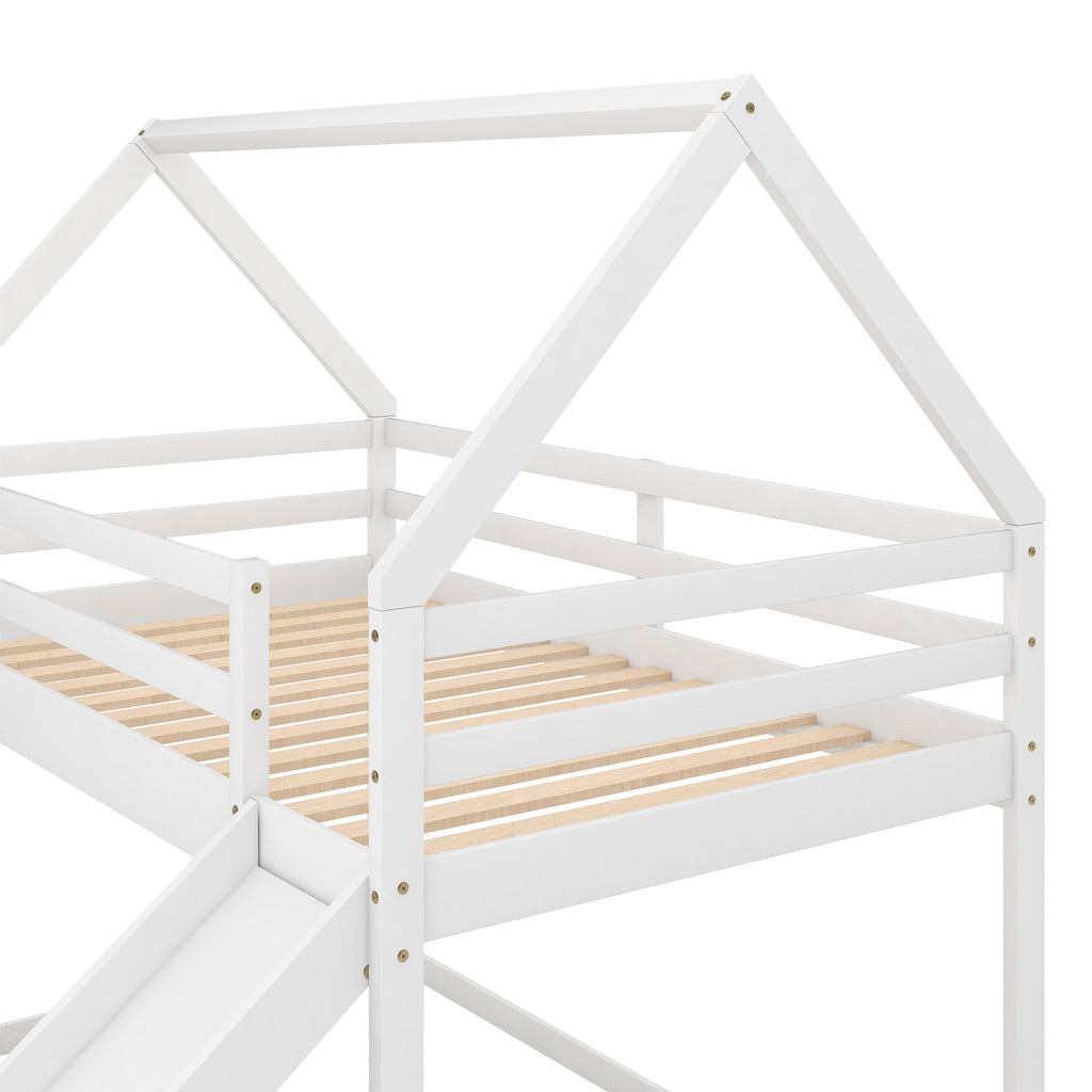 Twin Bunk House Bed with Slide and Ladder, White - Grand Goldman Shop