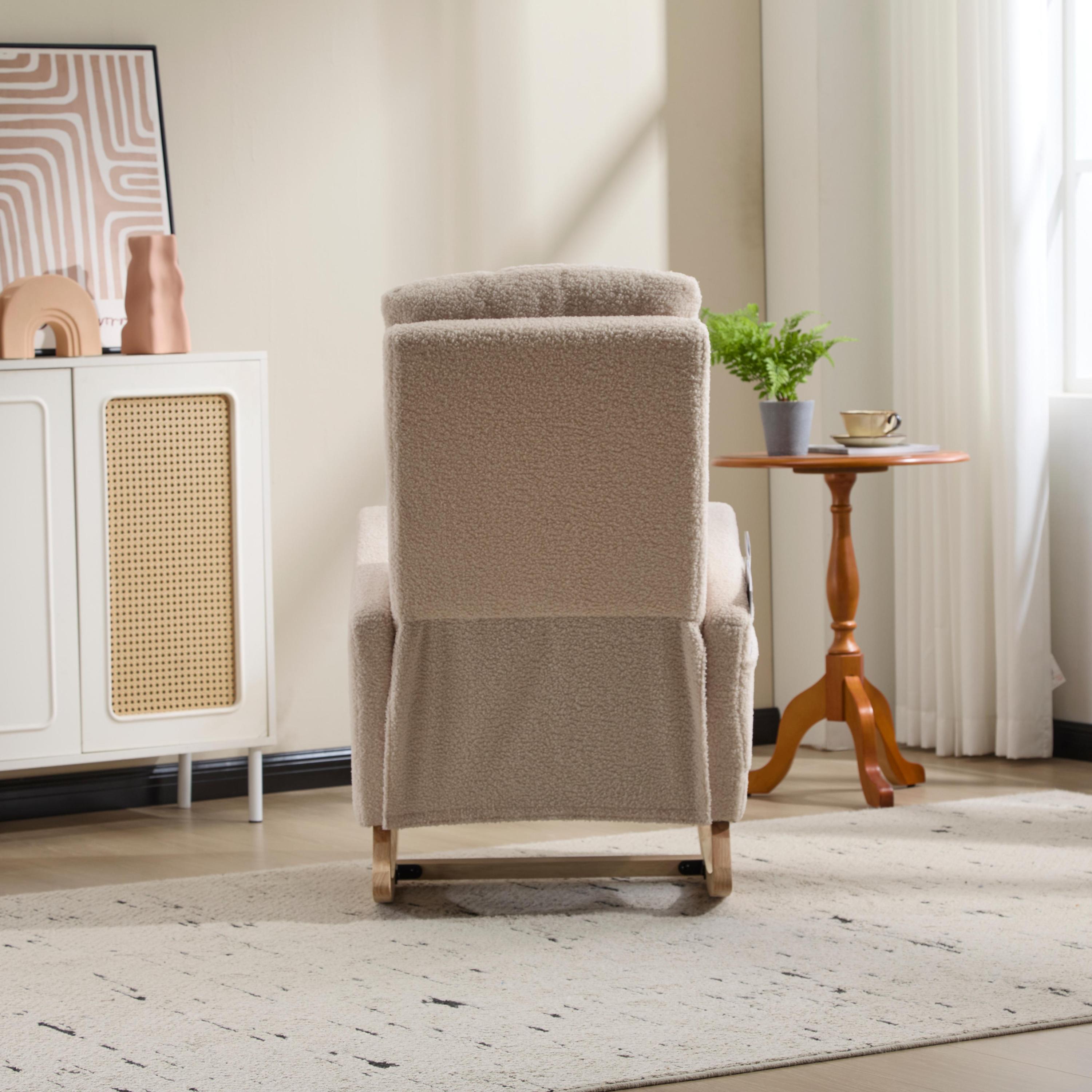 Modern Accent Rocking Chair Rocking Chair with Solid Wood Legs, Upholstered Nursery Glider Rocker Side Pocket and Footrest, Living Room Lounge Arm Chair with High Backrest (beige,teddy) - Grand Goldman Shop