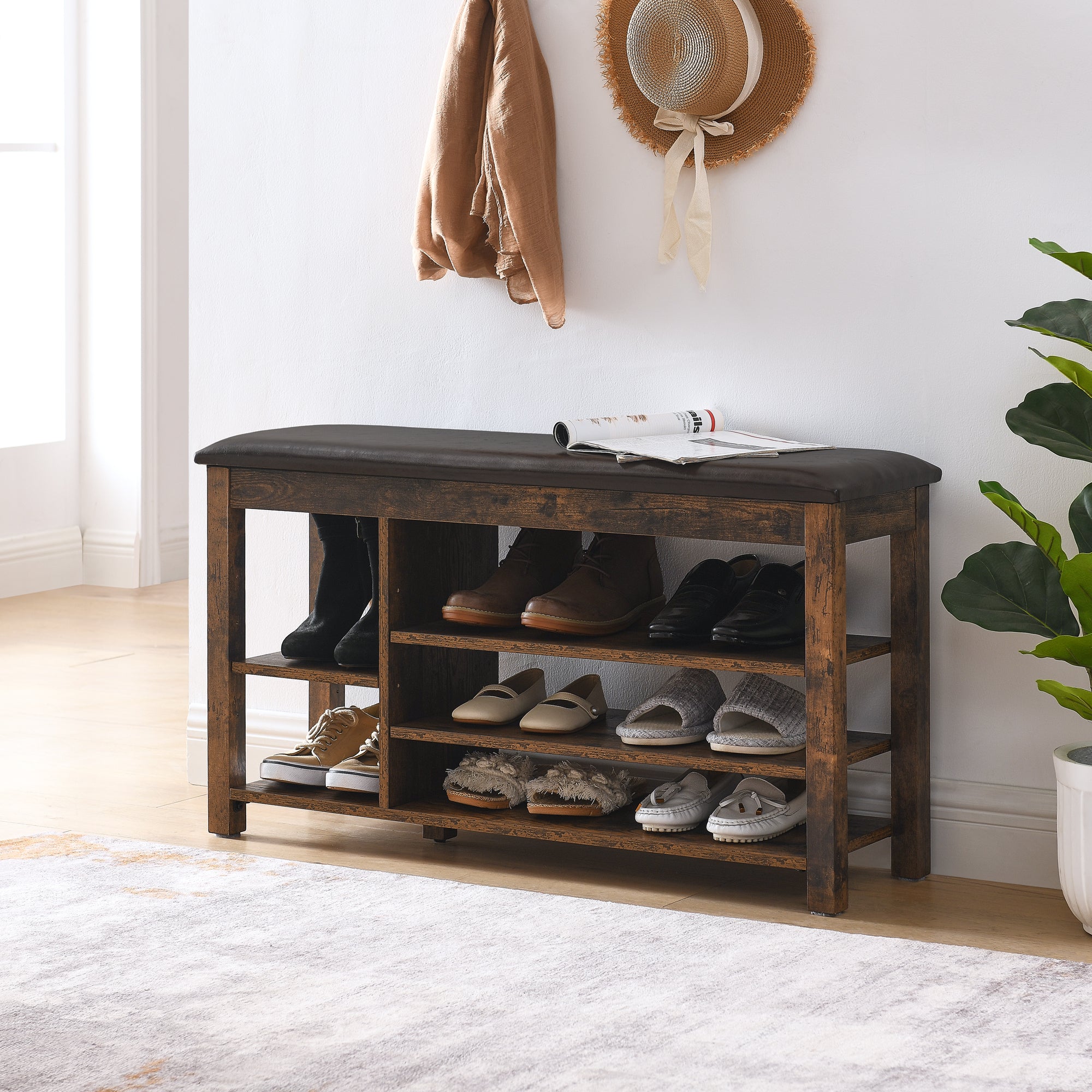 A height-adjustable long shoe-changing bench,made of natural rubberwood,comes with a comfortable seat,concealed storage space and large storage compartments, featuring charcoal-grained wood ,Vintage - Grand Goldman Shop