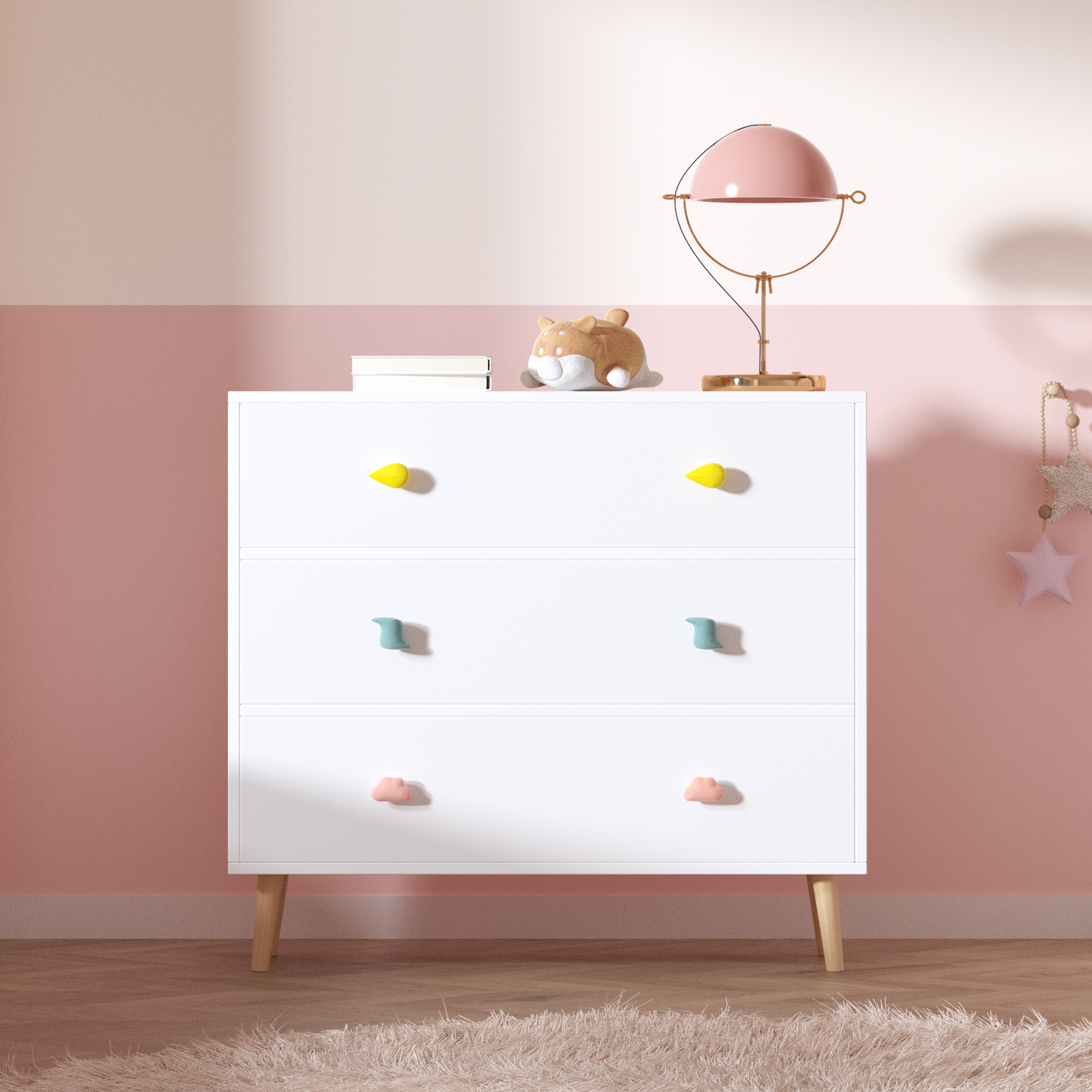 Kids 3 Drawer Dresser, White Nursery Storage Cabinet with Anti-Tip Safety Feature, Solid Wood and MDF Construction, Compact D