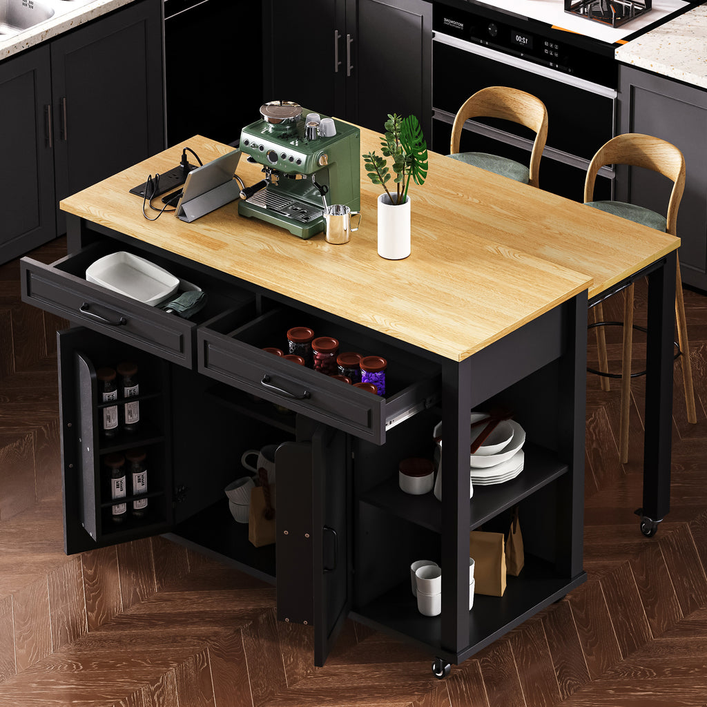 K&K 47 inch Kitchen Island with Extendable Dining Table, Rubber Wood Veneer Kitchen Table with Internal Storage Rack, Power Outlet, Kitchen island with Storage 2 Drawers 2 Cabinet, Black - Grand Goldman Shop