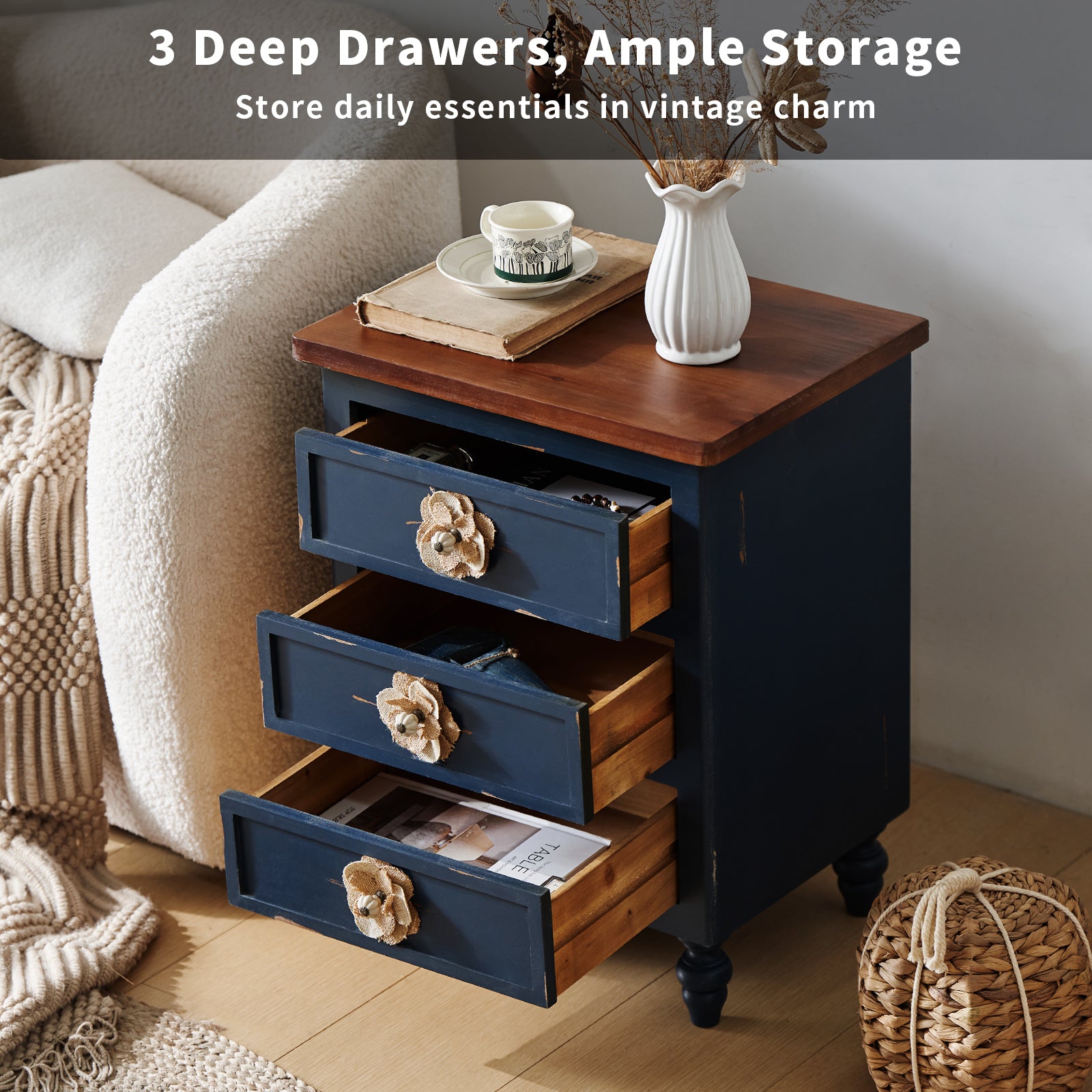Vintage Farmhouse End Table with Floral Knobs – 19' Rustic Nightstand with 3 Drawers & Gourd Legs,Bedside or Sofa Accent Table, Almost Fully Assembled, Blue - Grand Goldman Shop