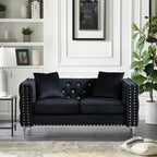 59.4 Inch Wide Black Velvet Sofa with Jeweled buttons,Square Arm ,2 Pillows - Grand Goldman Shop