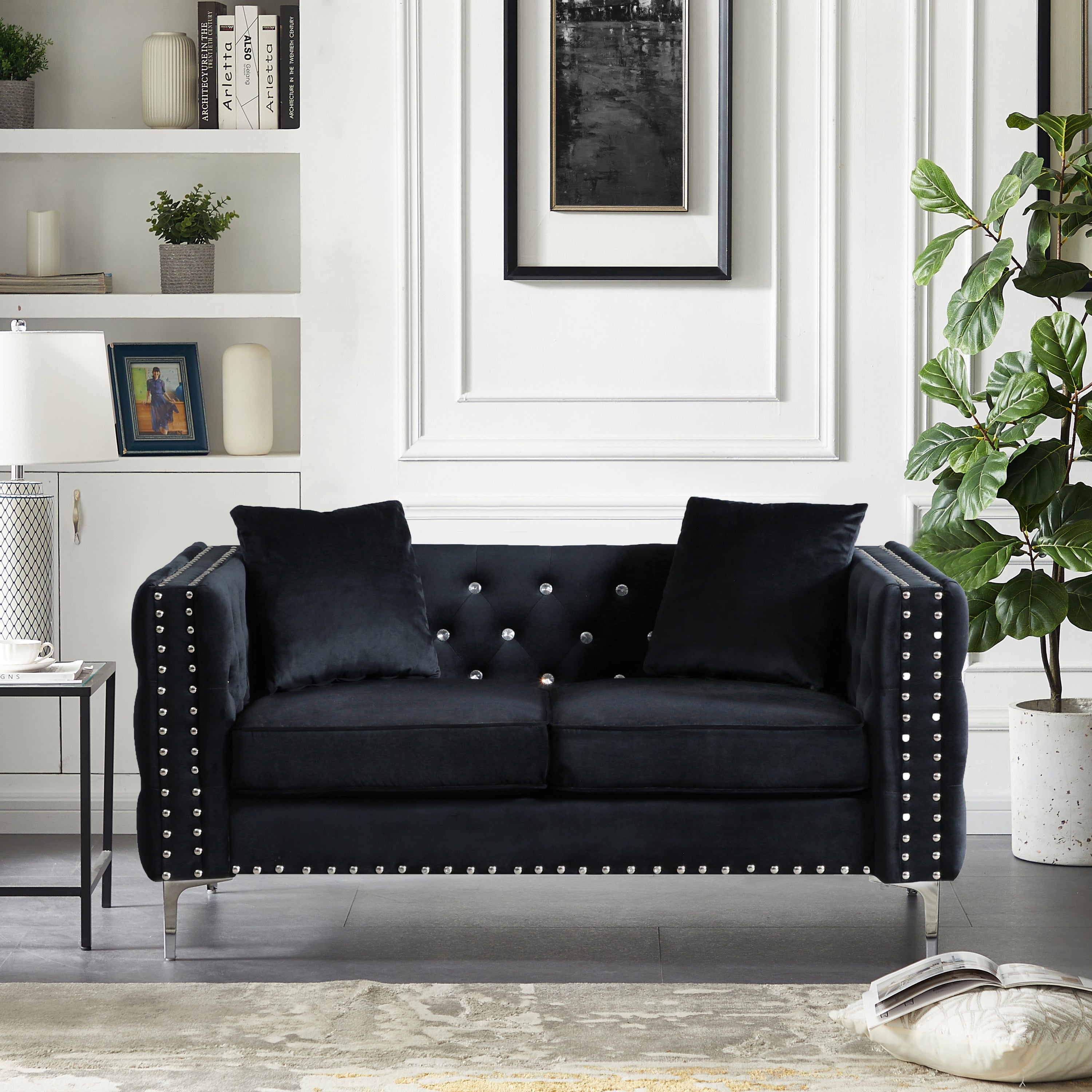 59.4 Inch Wide Black Velvet Sofa with Jeweled buttons,Square Arm ,2 Pillows - Grand Goldman Shop