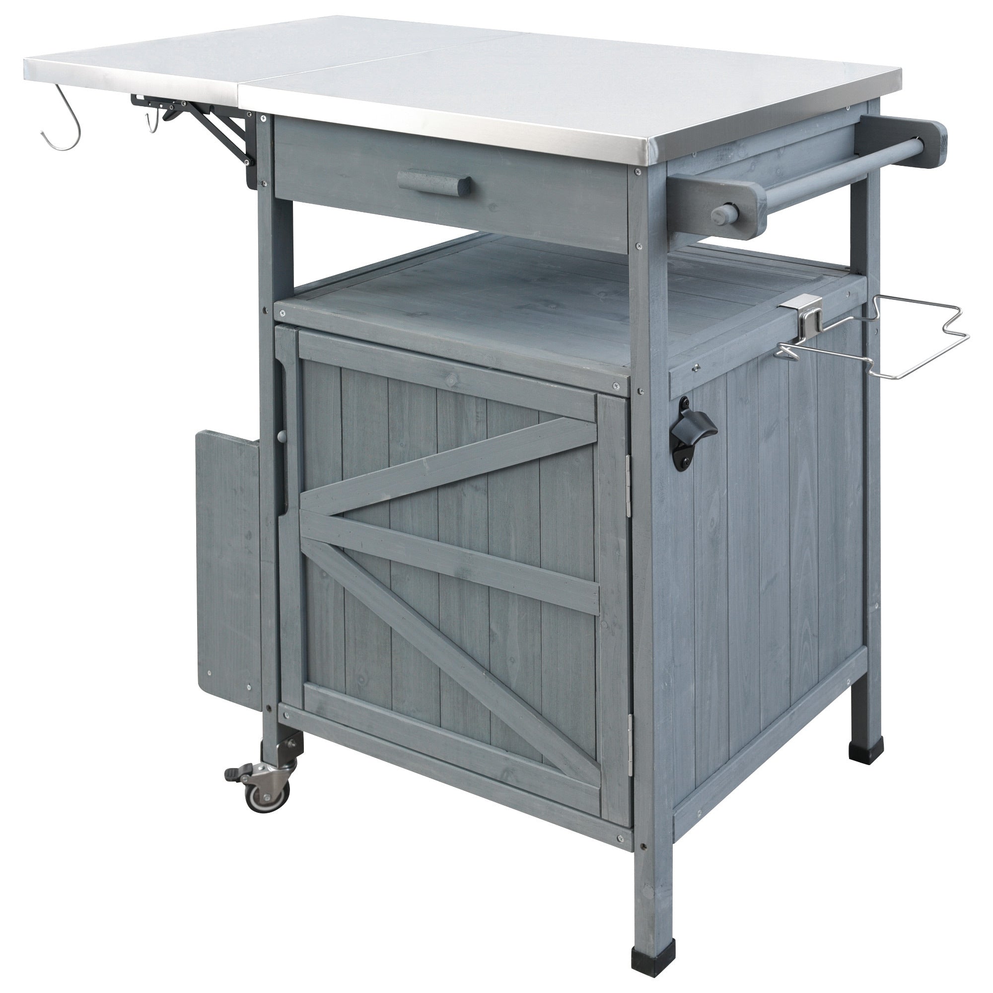 K&K 40.5' Outdoor Grill Cart with Stainless Steel Top, Solid Wood Outdoor Storage Cabinet with Drop Leaf, One Drawer, Towel Rack, Rolling Kitchen Cart with Lockable Wheels for Lawn Garden, Blue Grey - Grand Goldman Shop