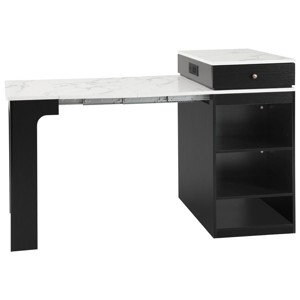 K&K 59.5' Kitchen Island with Extendable Dining Table, Kitchen Storage Table with Double-sided Storage, Kitchen Island with 2 Drawers, Power Outlet, Side Open Shelves, for Kitchen, Dining Room, Black - Grand Goldman Shop