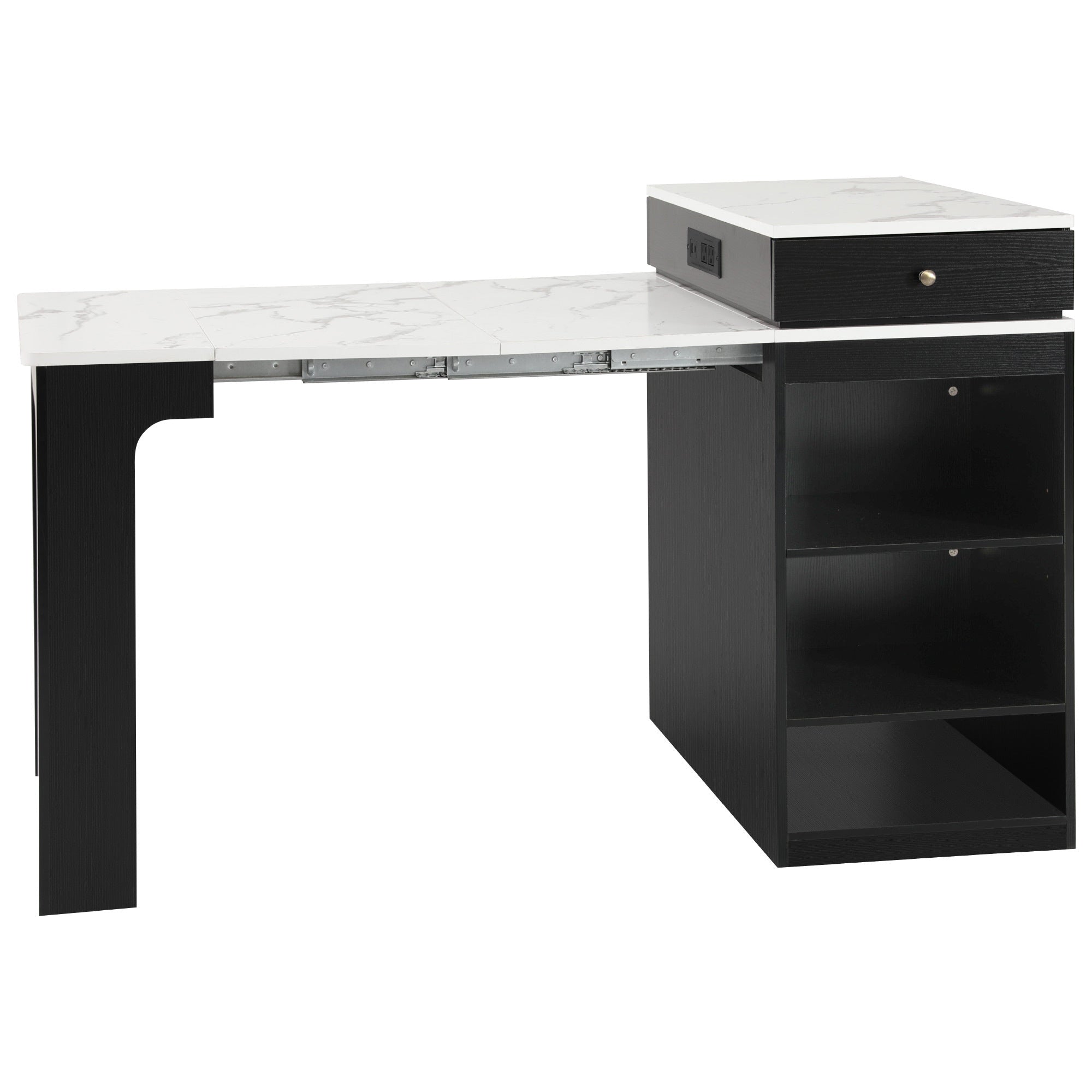K&K 59.5' Kitchen Island with Extendable Dining Table, Kitchen Storage Table with Double-sided Storage, Kitchen Island with 2 Drawers, Power Outlet, Side Open Shelves, for Kitchen, Dining Room, Black - Grand Goldman Shop