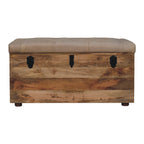 Solid Wood  Buffalo Hide Leather Upholstered Storage Trunk, Beige and Brown - Grand Goldman Shop