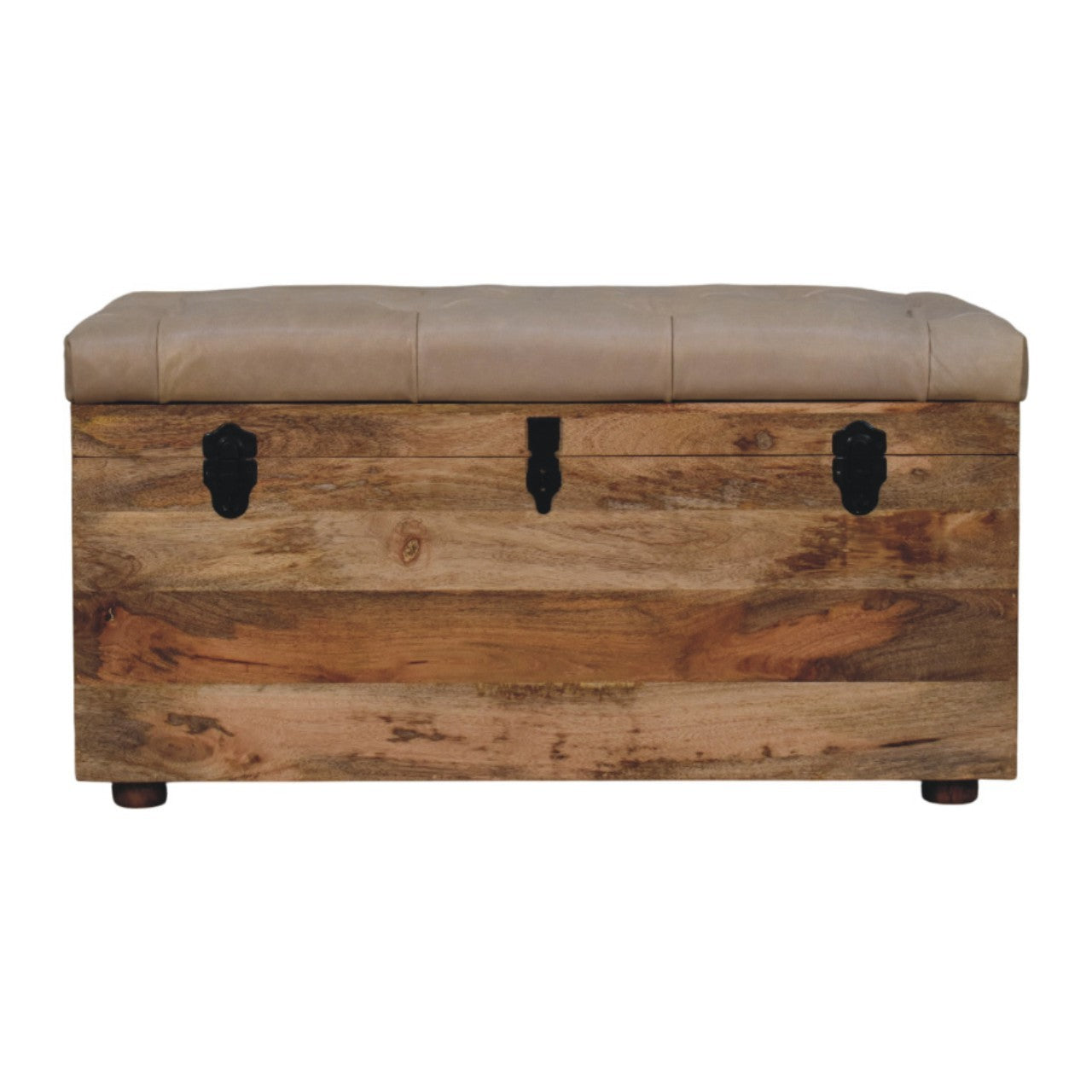 Solid Wood  Buffalo Hide Leather Upholstered Storage Trunk, Beige and Brown - Grand Goldman Shop