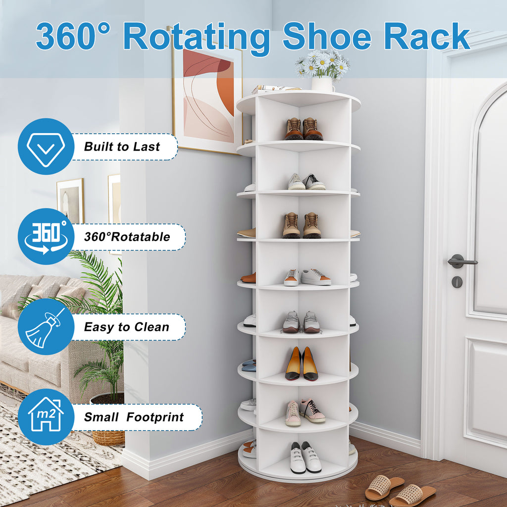 Rotating Shoe Rack Tower, 8-Tier Spinning Storage Rack, Free Standing 360° Revolving Organizer in White with PVC Construction, Holds 32 Pairs of Shoes - Grand Goldman Shop