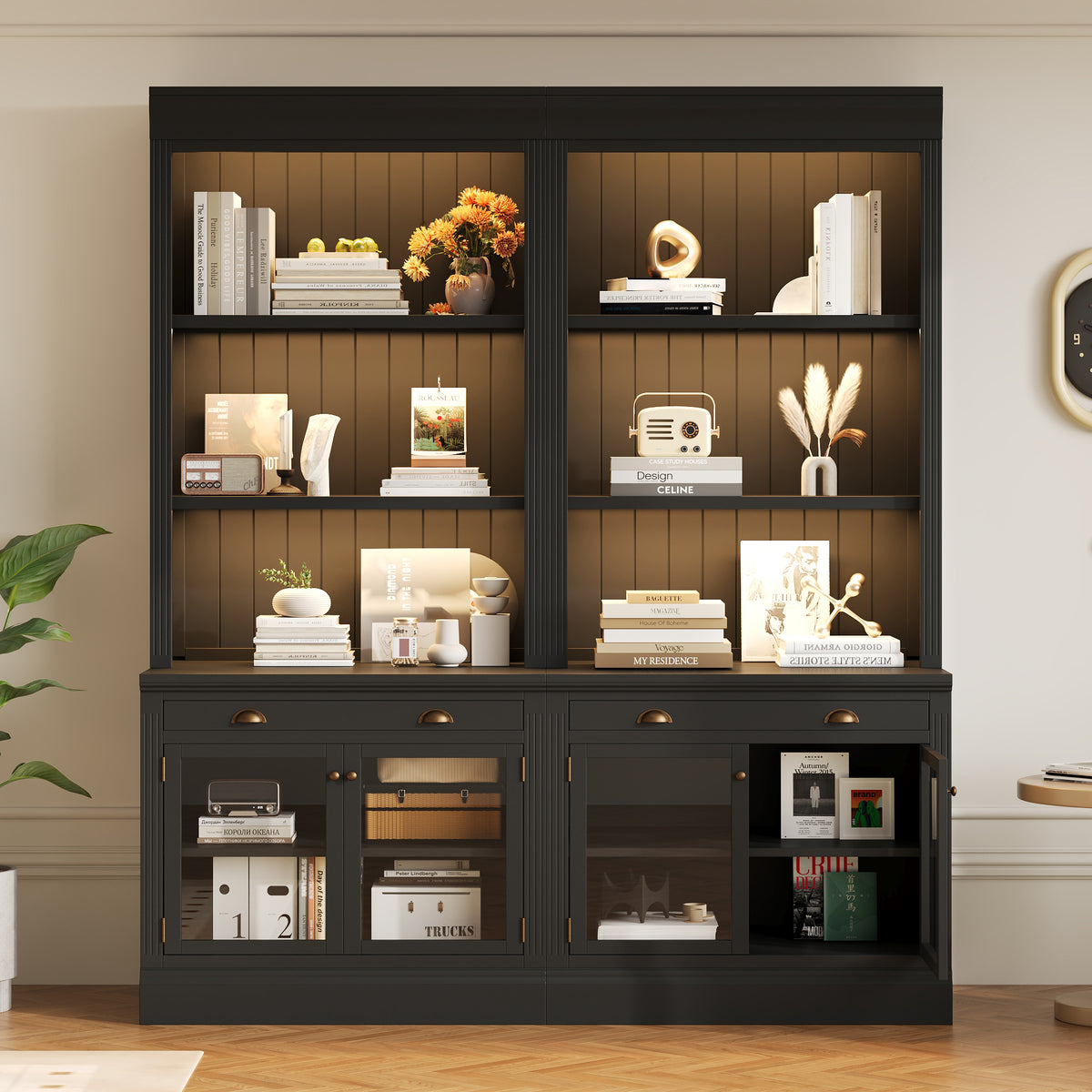 83.4'Tall Bookshelf Suite with LED Lighting, Modern Bookcases with Glass Doors and Drawers,2-Piece Set Storage Bookcase Suite