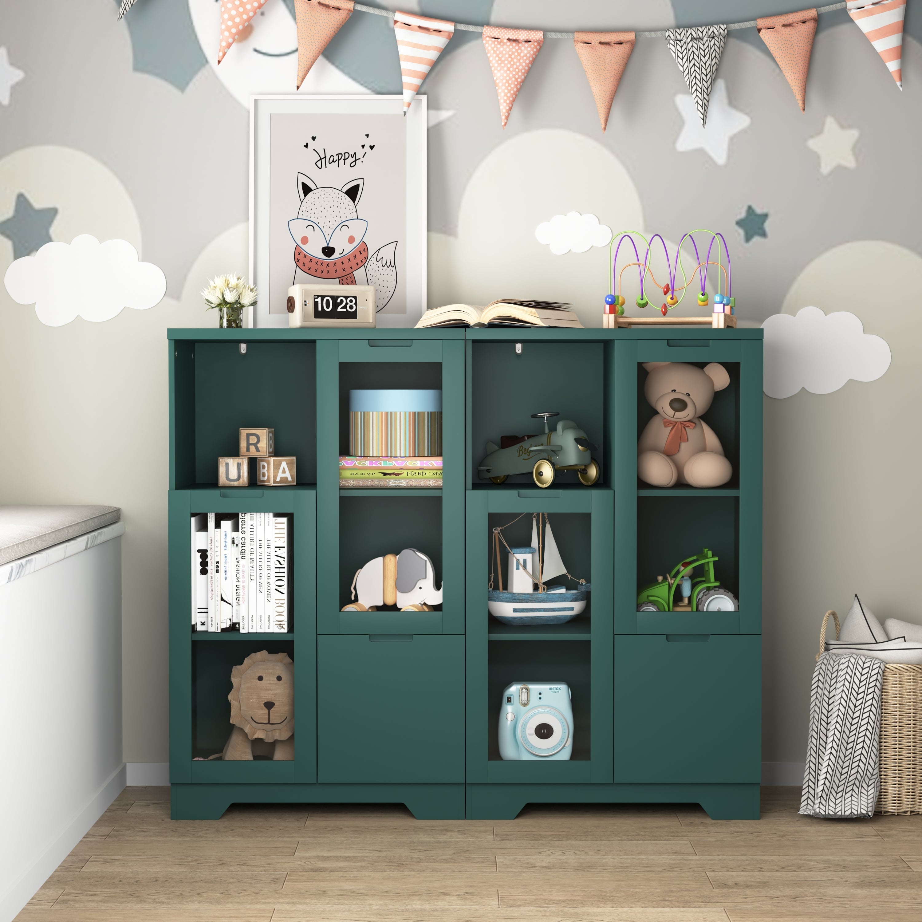 Modern MDF Painted Cabinet with Glass Doors and Drawer, Green, Bedroom Living Room Storage - Grand Goldman Shop