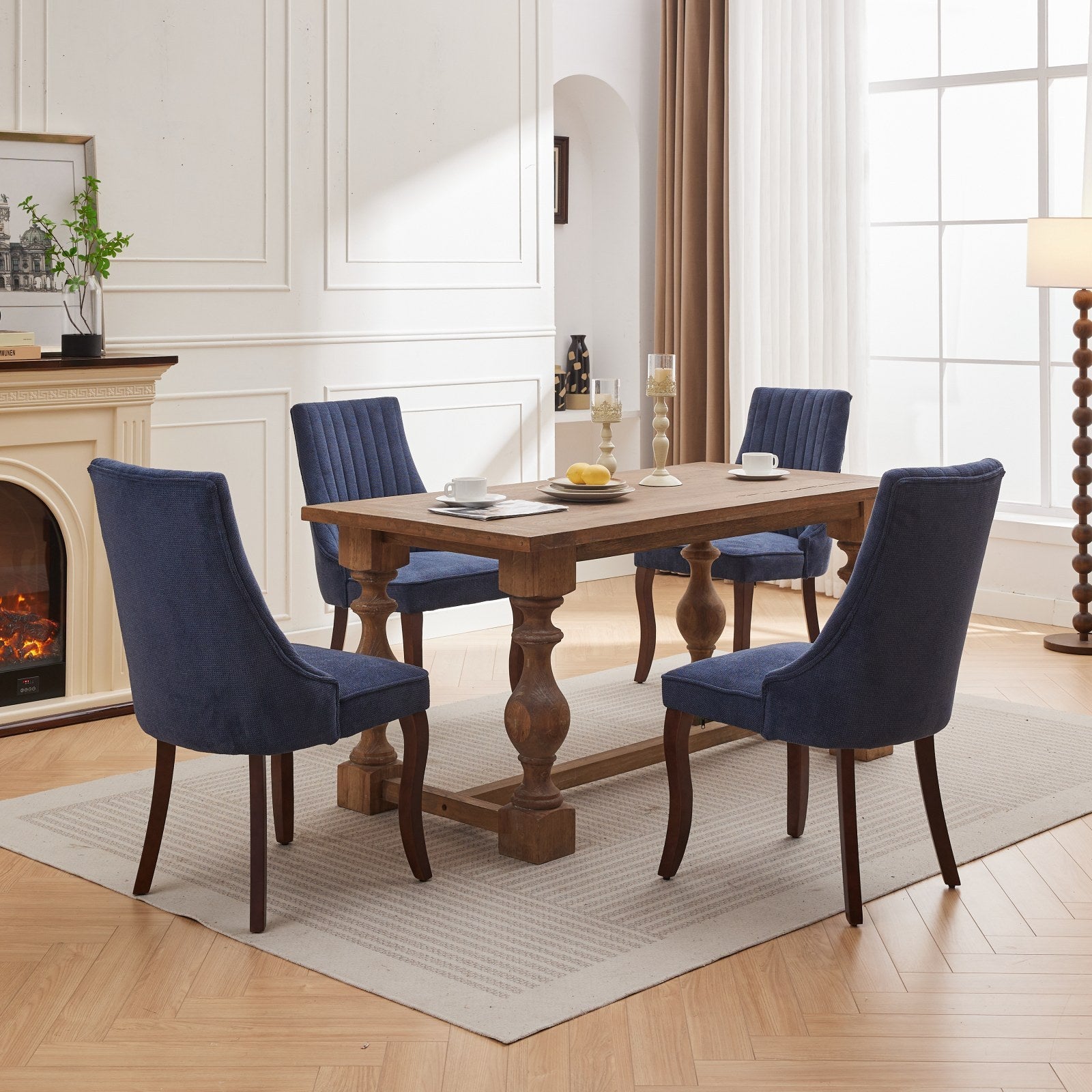 Rayon Cloth Flocking Linen Dining Chairs Channel Kitchen Dinner Chair Comfy Fabric Upholstered Accent Chair for Dining Room with Curved Solid Wood Legs,Set of 2 (Blue), SW1847BL - Grand Goldman Shop