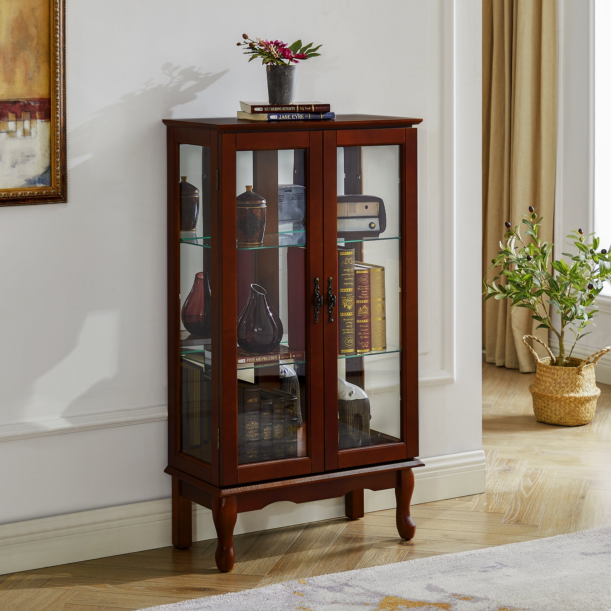Lighted Curio Cabinet with Adjustable Shelves, Mirrored Back Panel, and Tempered Glass Doors, 3-Tier Cherry Finish - Grand Goldman Shop