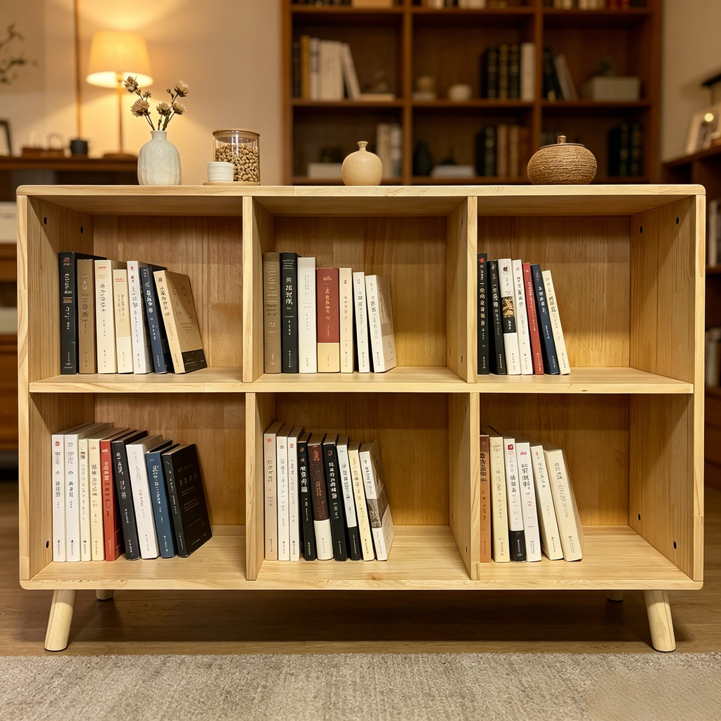6 Cube Wooden Storage Shelf, Freestanding Open Bookcase with Legs, Natural Solid Wood Cubby Organizer for Living Room, Bedroo