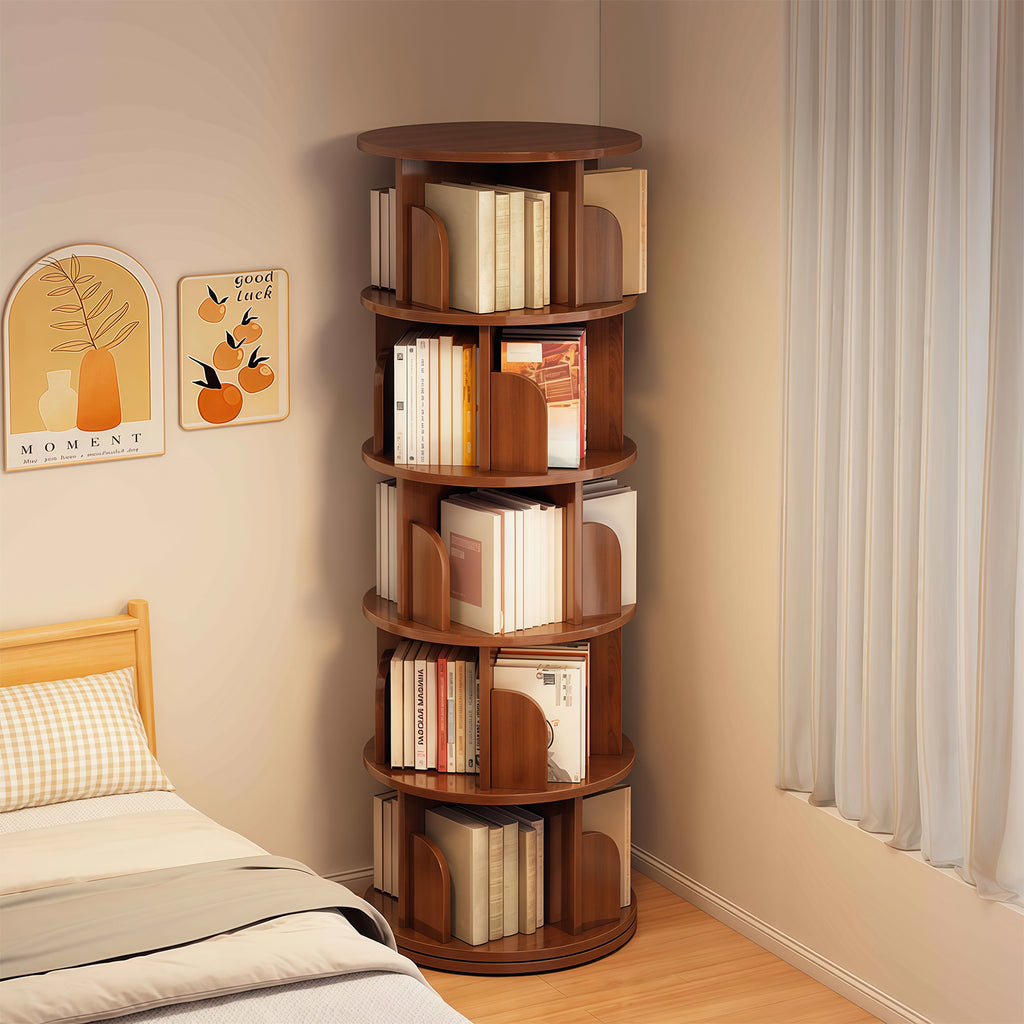 5 Tier Rotating Bookshelf, 360° Display Round Spinning Bookshelf, Space-Saving, Small Space Rotating Bookshelf Tower for Bedroom, Living Room, Home, Office, Walnut - Grand Goldman Shop