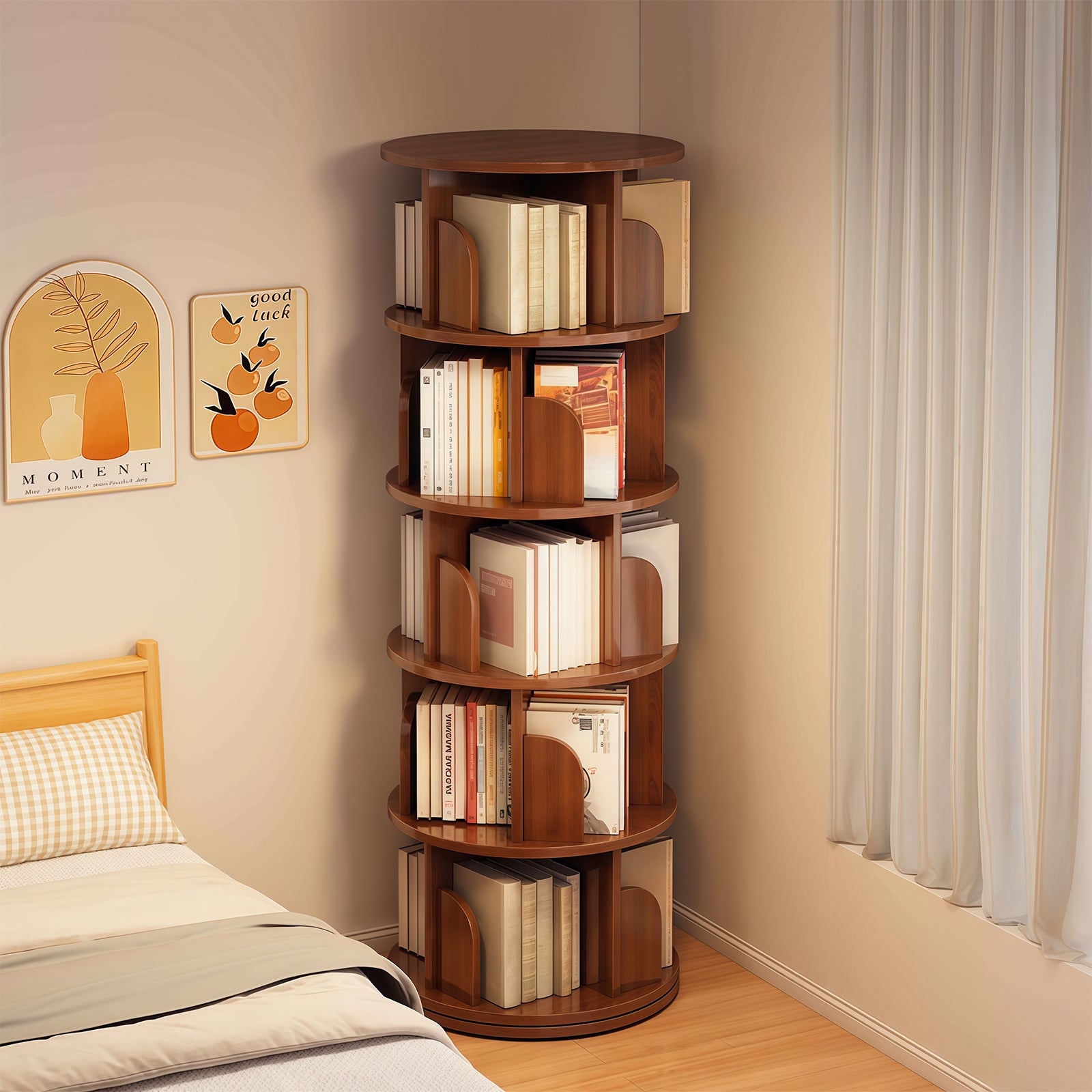 5 Tier Rotating Bookshelf, 360° Display Round Spinning Bookshelf, Space-Saving, Small Space Rotating Bookshelf Tower for Bedroom, Living Room, Home, Office, Walnut - Grand Goldman Shop