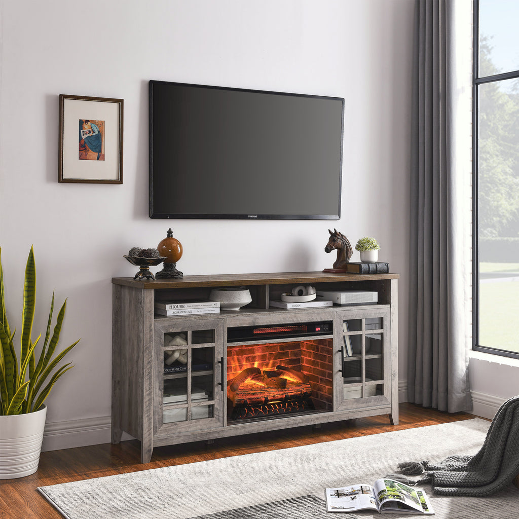 55 inch TV Media Stand with Electric Fireplace KD Inserts Heater,Gray Wash Color - Grand Goldman Shop