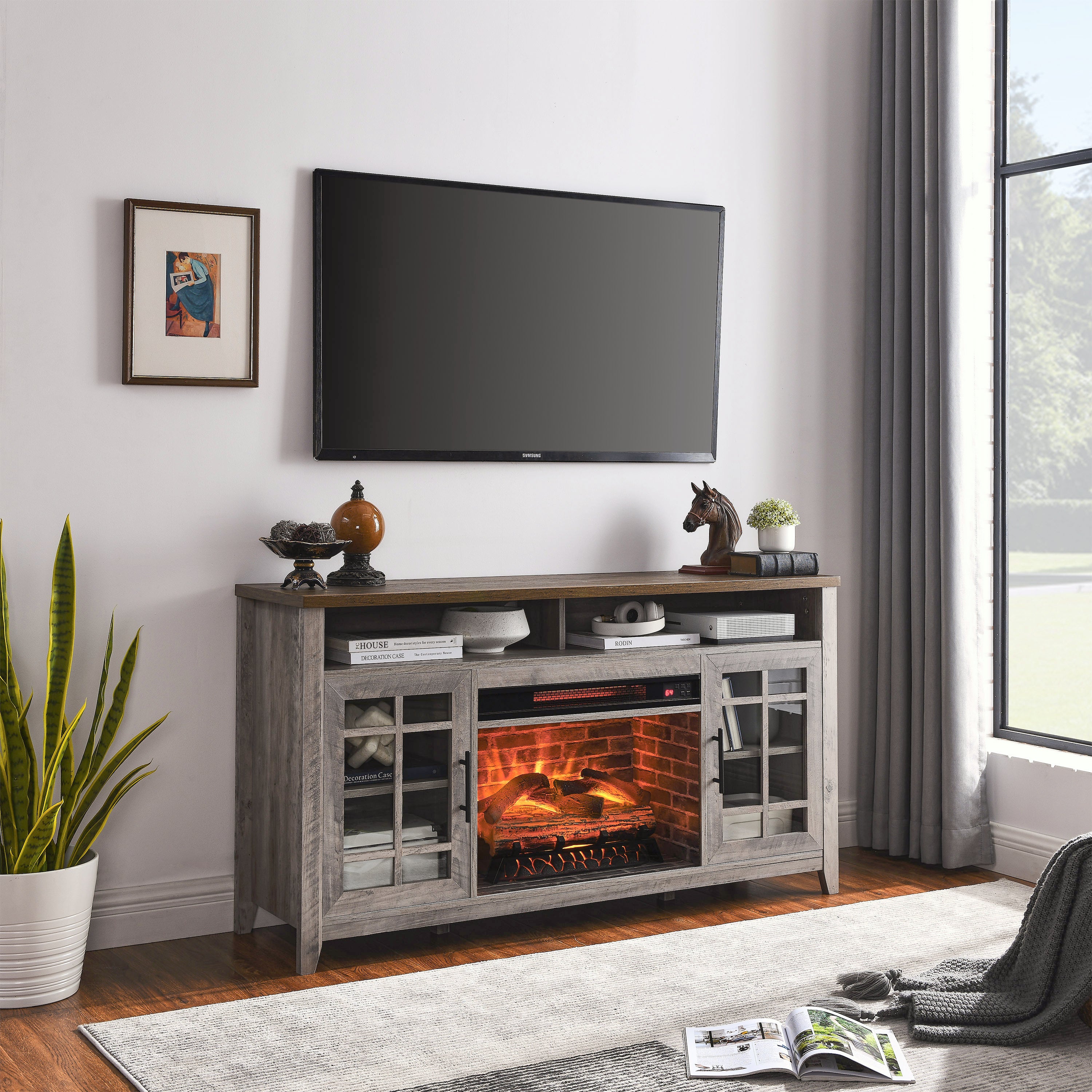 55 inch TV Media Stand with Electric Fireplace KD Inserts Heater,Gray Wash Color - Grand Goldman Shop