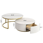 Modern Round Nesting Coffee Table Fluted with Drawer in White & Gold in 31.5'' - Grand Goldman Shop
