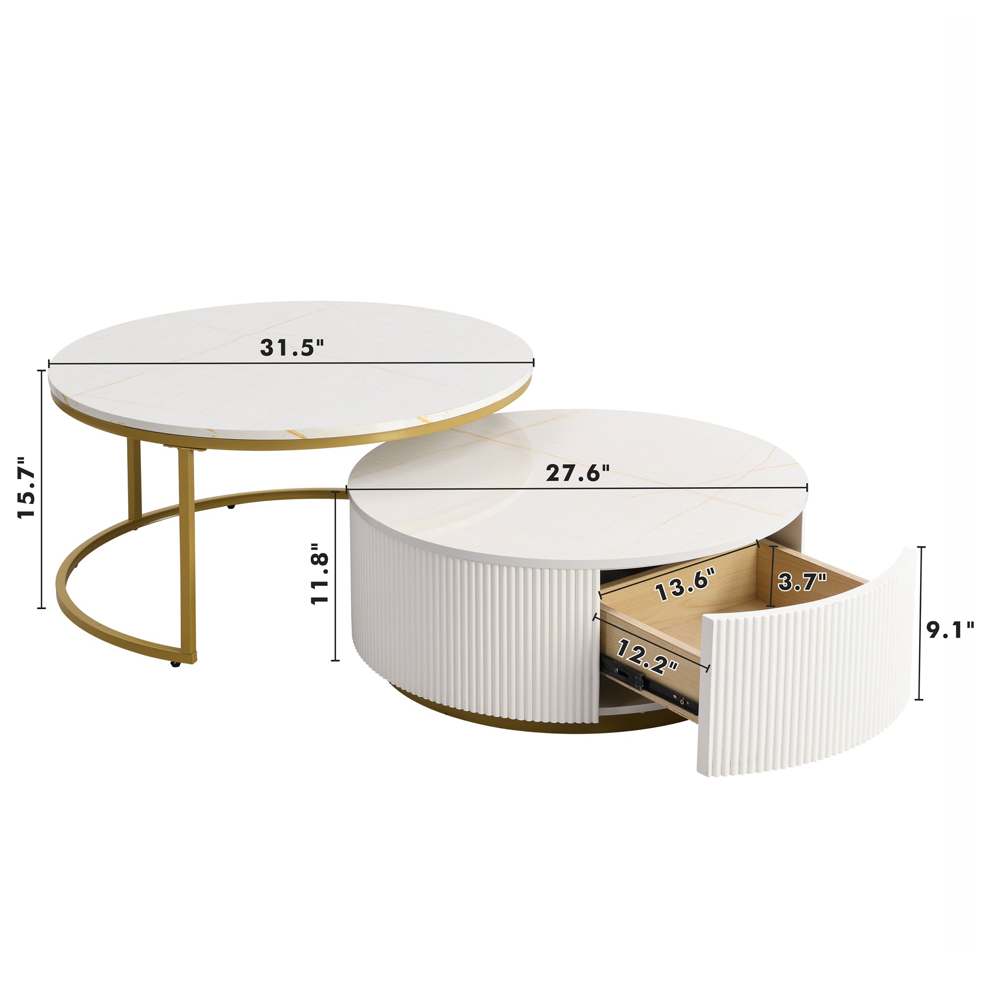 Modern Round Nesting Coffee Table Fluted with Drawer in White & Gold in 31.5'' - Grand Goldman Shop