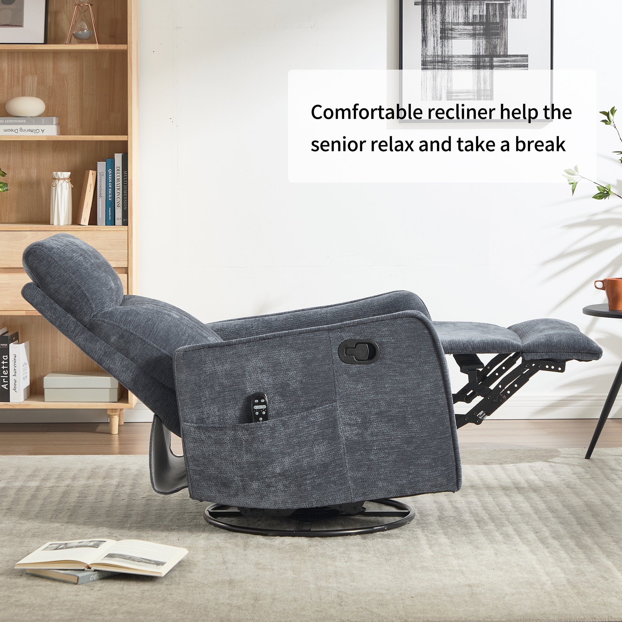 Blue Heat Massage Manual Recliner Chair with Rocker and Swivel in Fabric for Living Room - Grand Goldman Shop