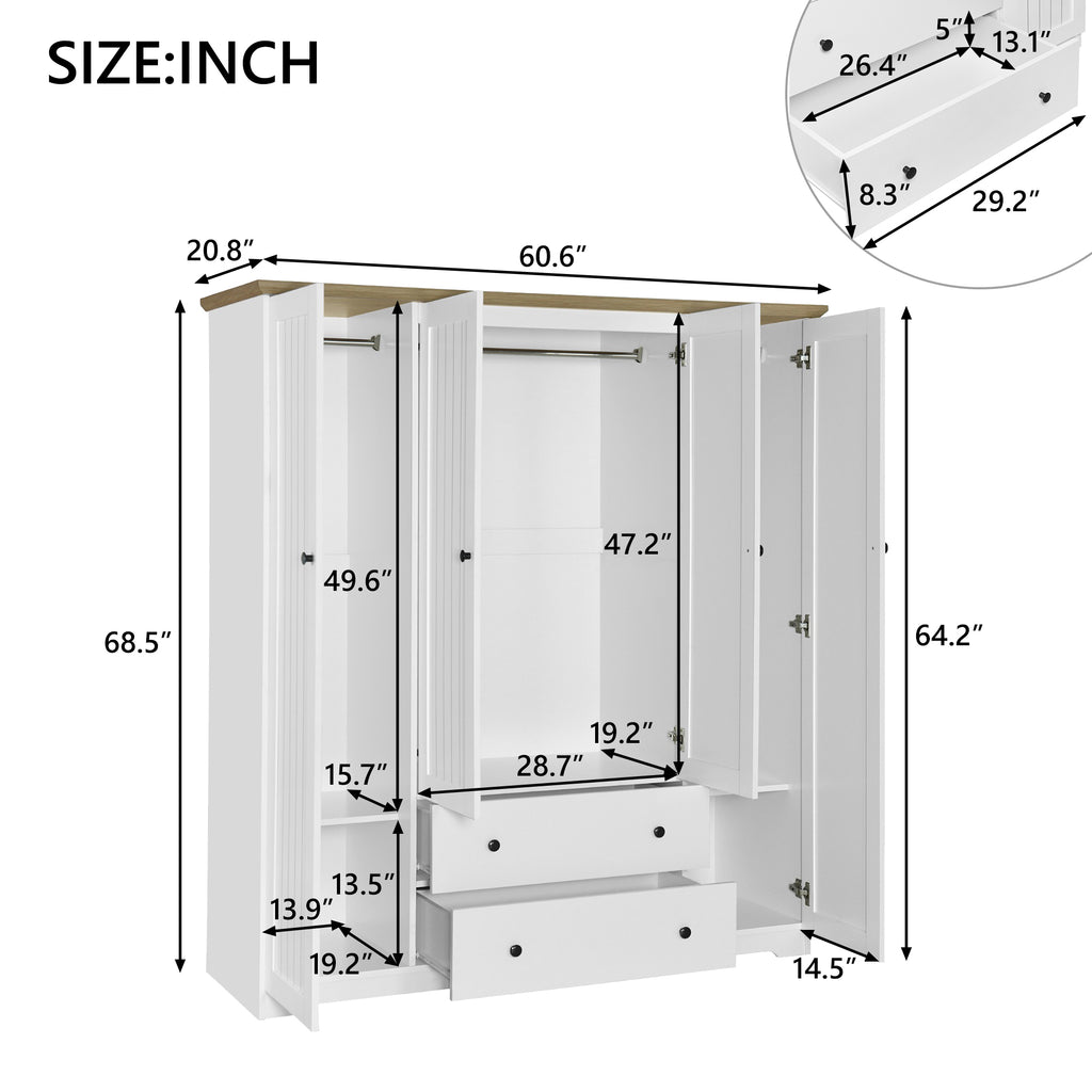 White 4 Door Wardrobe Armoire with 2 Drawers, Pine Wood + MDF, 60.6''L x 20.8''W x 68.5''H - Grand Goldman Shop