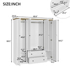 White 4 Door Wardrobe Armoire with 2 Drawers, Pine Wood + MDF, 60.6''L x 20.8''W x 68.5''H - Grand Goldman Shop