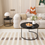 Nesting Coffee Table Set of 2, 27.6in Round Wood Marble Pattern Top with Sturdy Metal Frame, Black Living Room Side Tables for Bedroom Balcony Yard - Grand Goldman Shop
