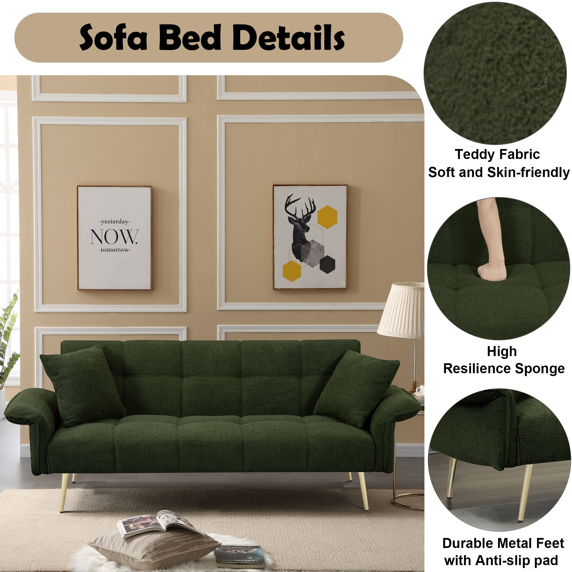 Green Teddy Velvet Futon Sofa Bed with Folding Armrests, Convertible Double Sofa Bed for Small Living Rooms and Studios - Grand Goldman Shop
