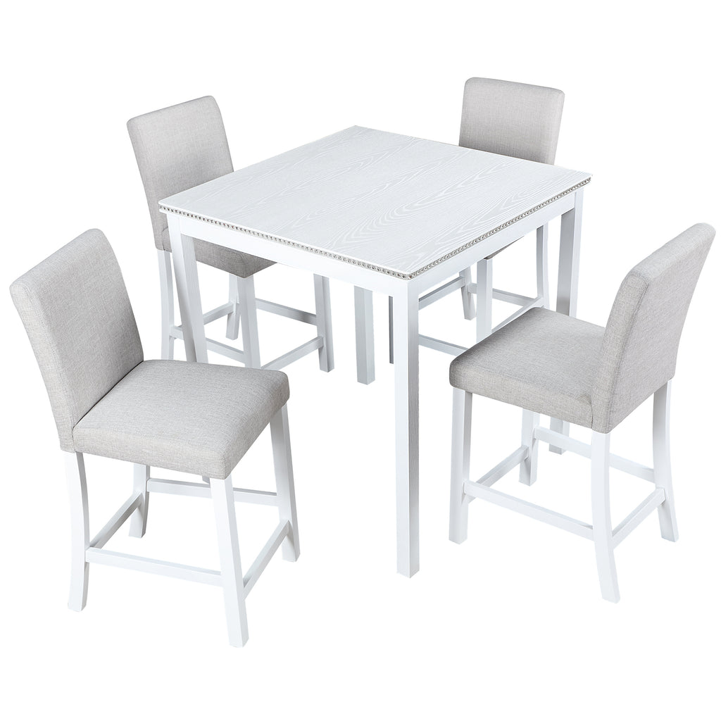 5 Piece Counter Height Table Set, Wooden Kitchen Table Set with Square Table and 4 Upholstered Chairs, Counter Height Dining Table with Crystal Decoration and Chair Set for Kitchen, Dining Room, White - Grand Goldman Shop