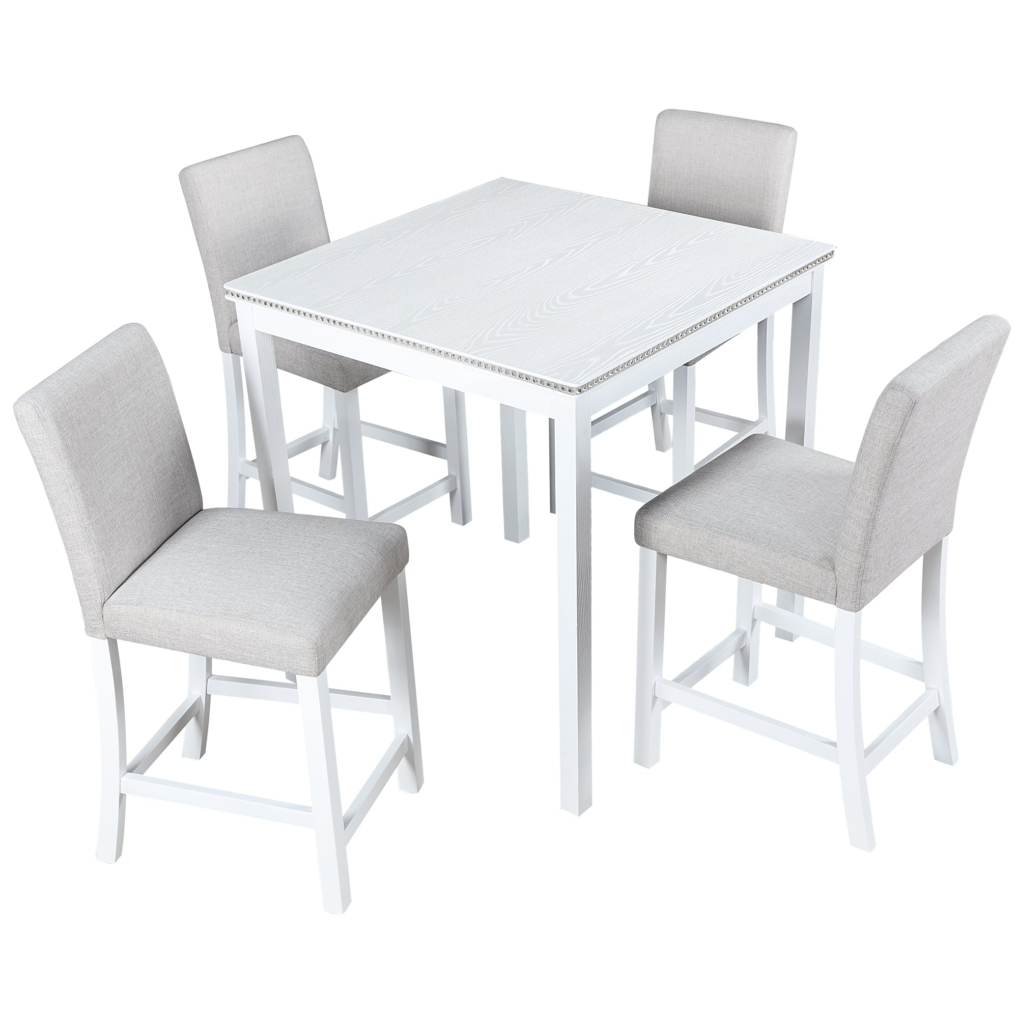5 Piece Counter Height Table Set, Wooden Kitchen Table Set with Square Table and 4 Upholstered Chairs, Counter Height Dining Table with Crystal Decoration and Chair Set for Kitchen, Dining Room, White - Grand Goldman Shop