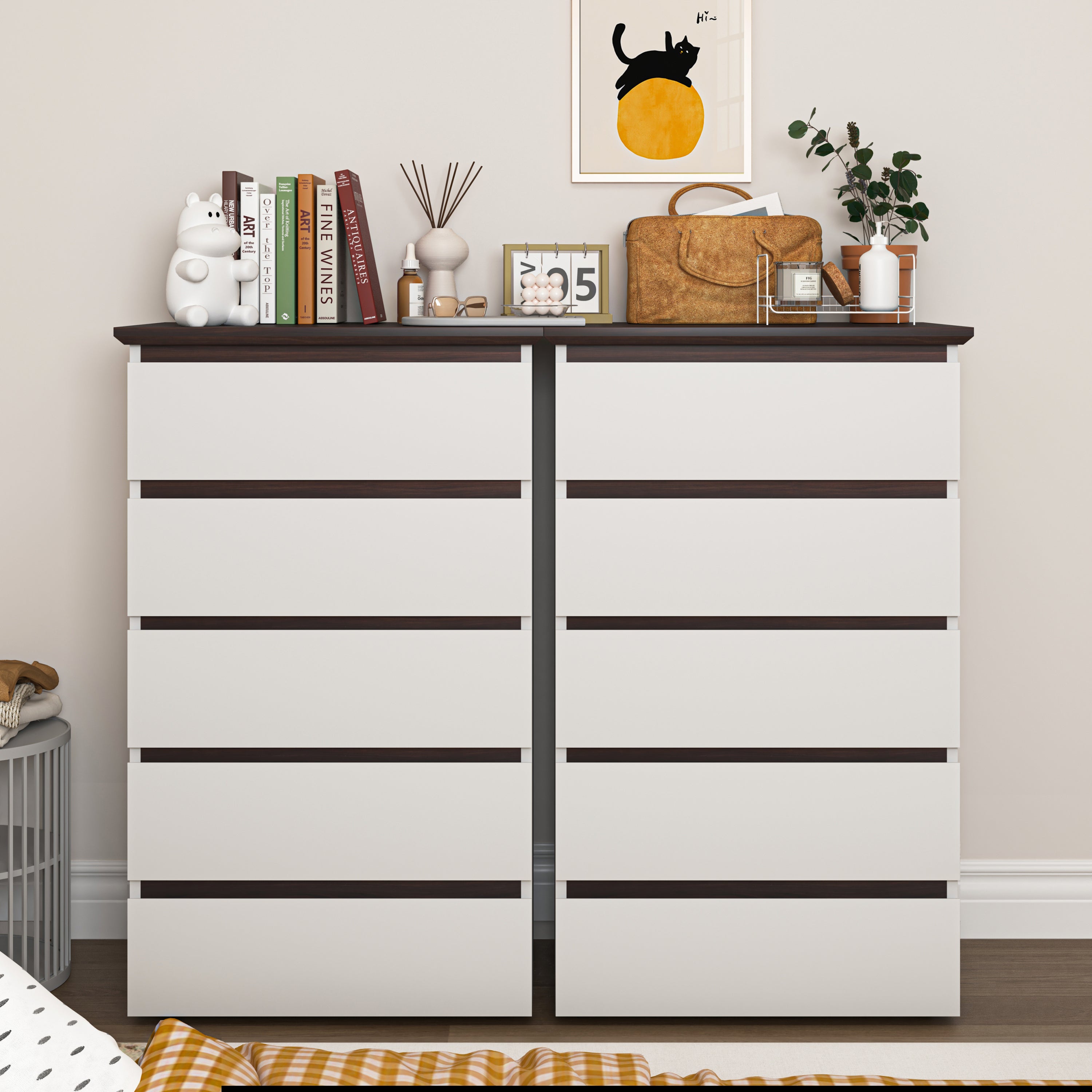 5 Drawer Dresser for Bedroom,  Modern Closet Dressers Chest of Drawers, White & Walnut color Storage Dresser Chest Cabinet Organizer Unit - Grand Goldman Shop