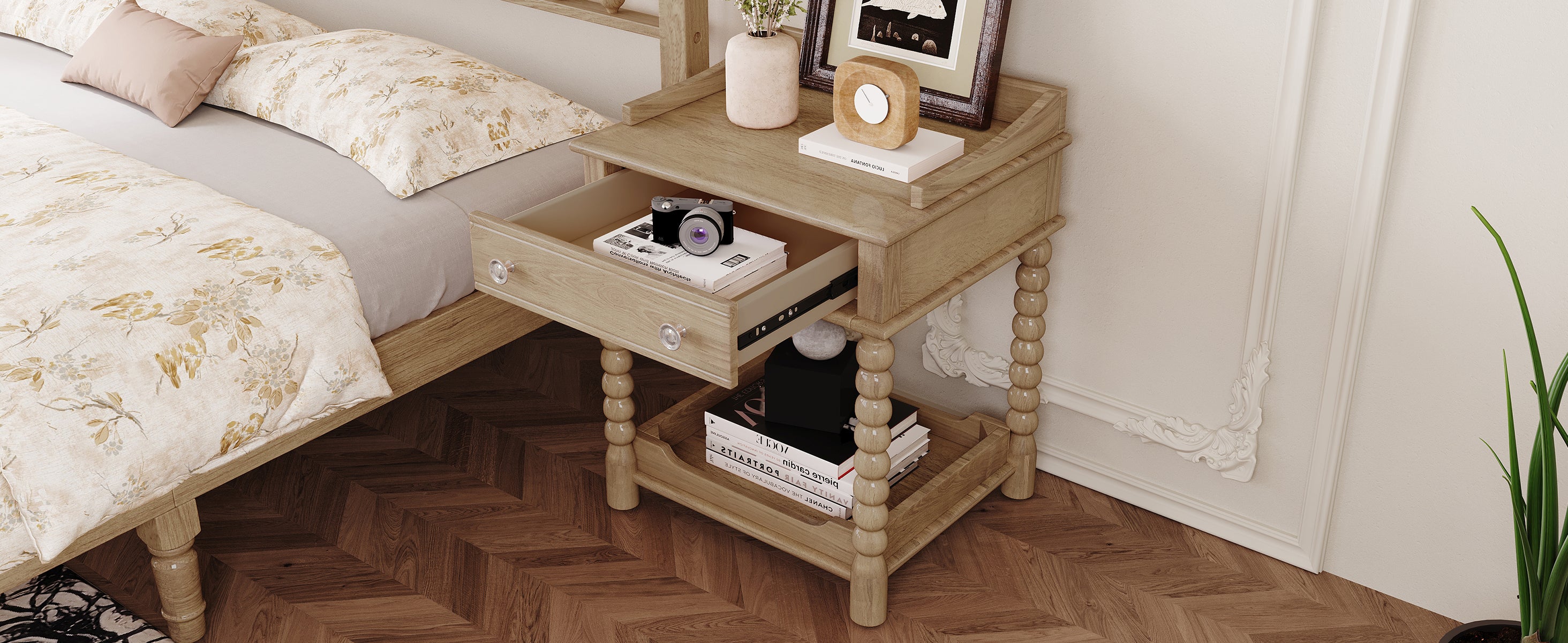 Retro Style Nightstand with Drawer and Open Shelf for Bedroom, Bedside Table with Turned Legs and Metal Handle,Natural - Grand Goldman Shop