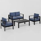 Modernes 4-teiliges Terrassen-Sitzgruppe aus Aluminium mit blauen Olefin-Kissen und matt-schwarzem Gestell, 50-Zoll-Sofa, 28-Zoll-Sesseln, Couchtisch