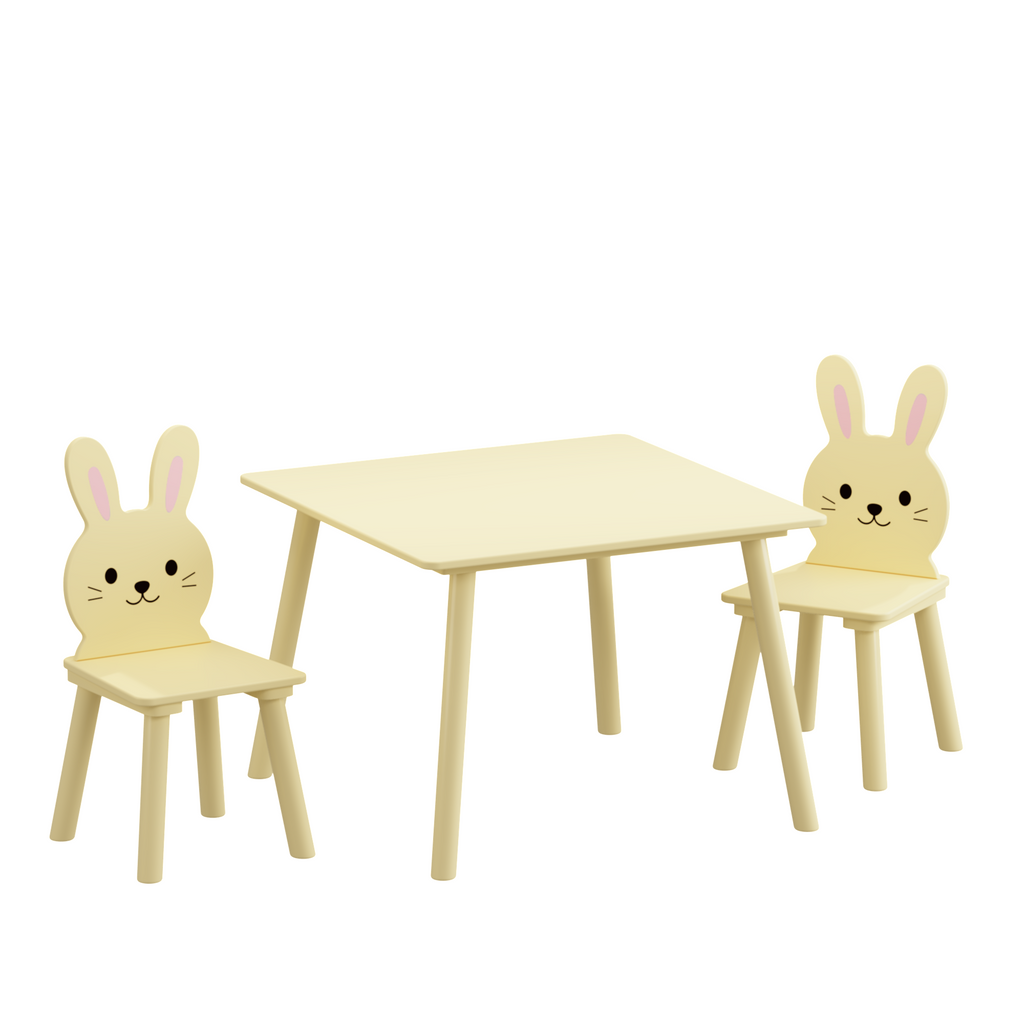 Kids Table and Chair Set with 2 Bunny Chairs, Children's Wooden Activity Table for Toddlers, Cute Animal Design Study Play Se