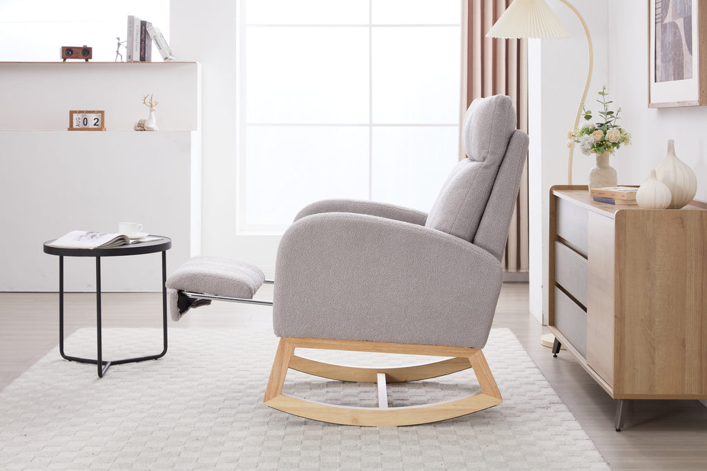 015B-Teddy Fabric Leisure Rocking Chair,Nursery Rocking Chair With Adjustable Footstool,Thickened Headrest And High Backrest, Storage Pocket On The Right Side,The Base Rocker Is Solid Wood,Light Gray - Grand Goldman Shop