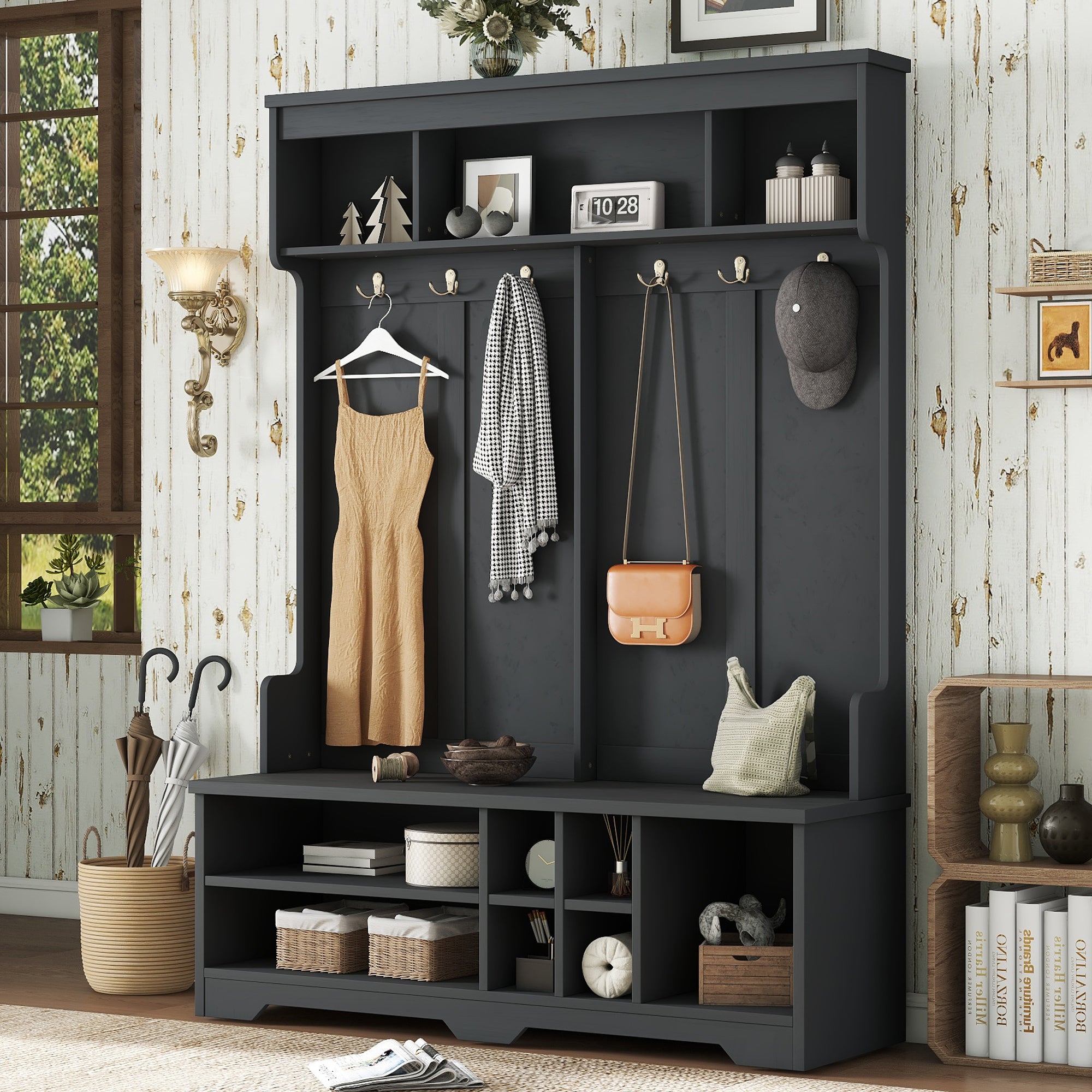 Modern Hallway Hall Tree with Metal Hooks and Storage Space, Multi-Functional Entryway Coat Rack with Shoe Cubbies, Black - Grand Goldman Shop