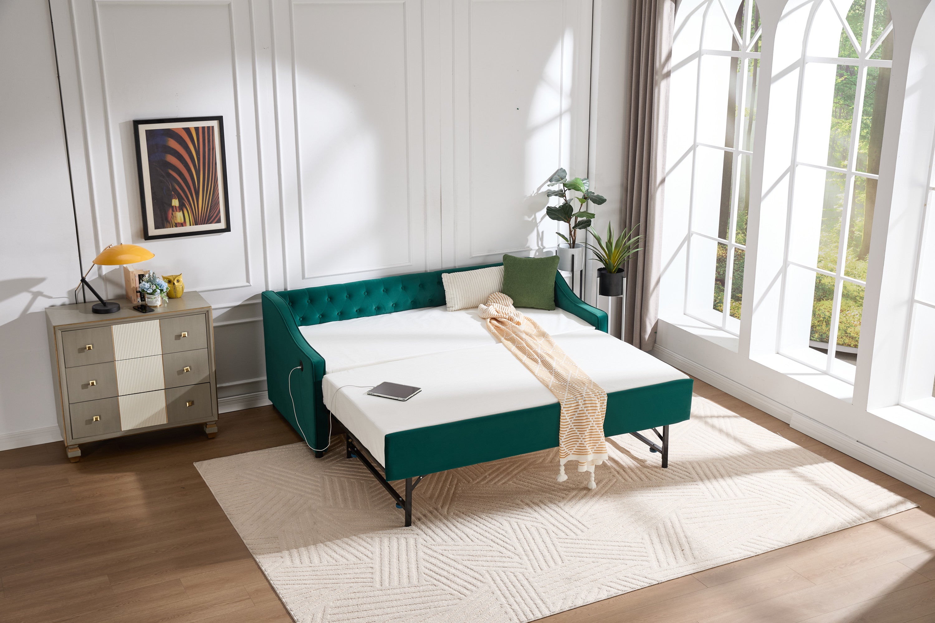 Twin Size Upholstered Daybed with Trundle,USB Port ,Side Pockets,Velvet Daybed with Button on Back and Piping on Waved Shape Arms for Bedroom Guest Room - Grand Goldman Shop