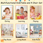 Kids Table and 2 Chairs Set, Wooden Activity Play Table Set with Bear & Tiger Design in White & Orange, Solid Wood and MDF Co