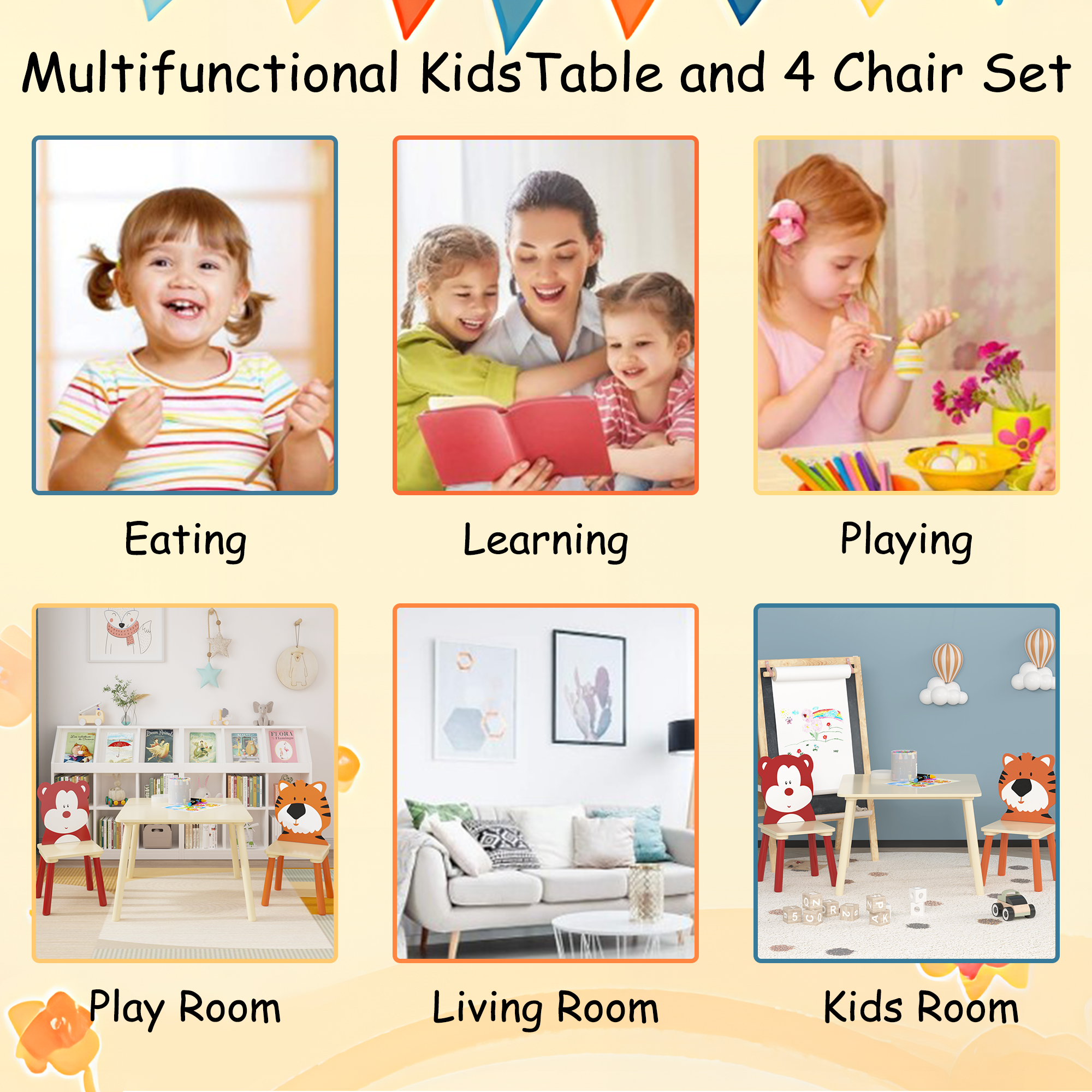 Kids Table and 2 Chairs Set, Wooden Activity Play Table Set with Bear & Tiger Design in White & Orange, Solid Wood and MDF Co
