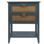 2-Drawer Side Table - Natural Rattan - End Table - Suitable for Bedroom, Living Room, or Study - Green MDF - Grand Goldman Shop