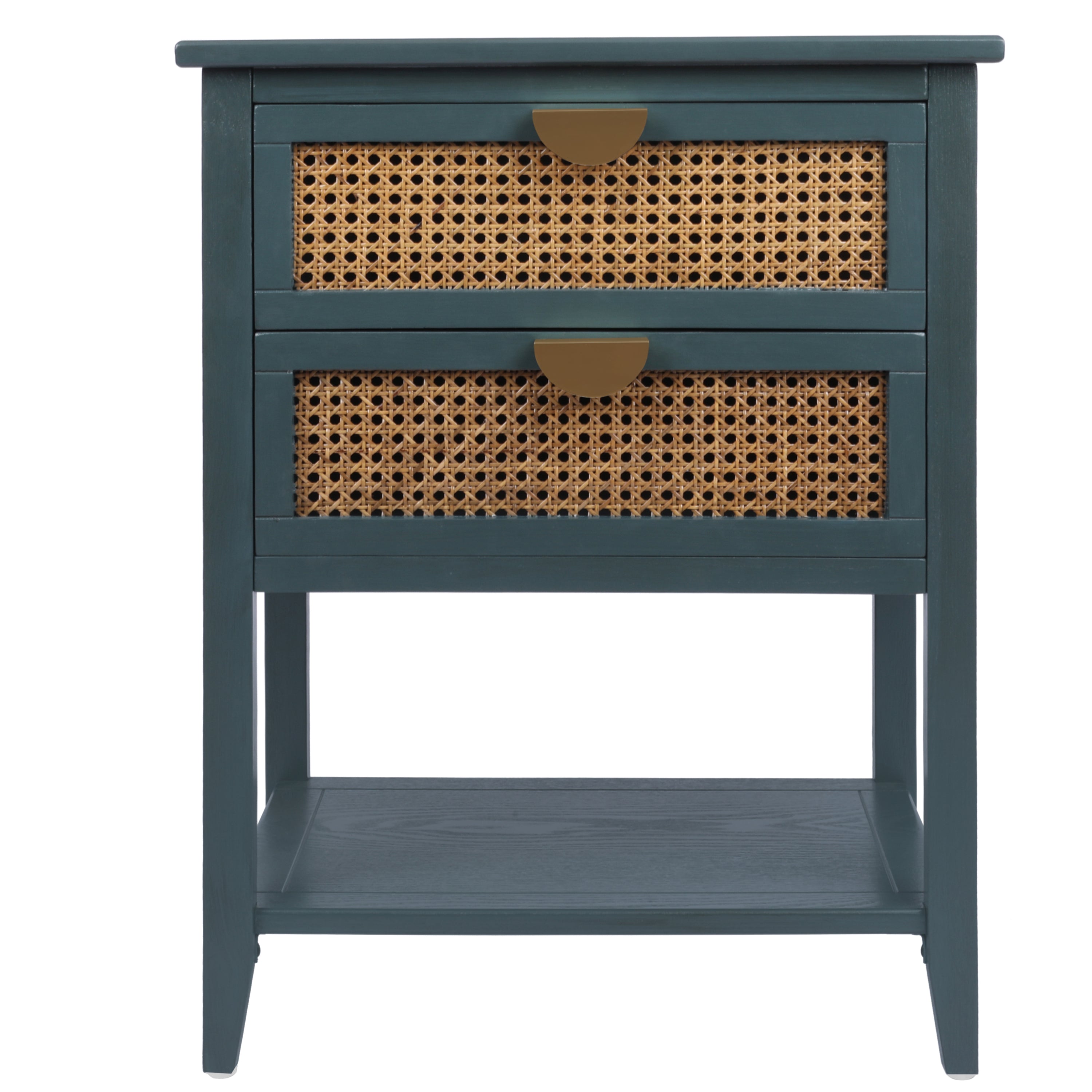 2-Drawer Side Table - Natural Rattan - End Table - Suitable for Bedroom, Living Room, or Study - Green MDF - Grand Goldman Shop
