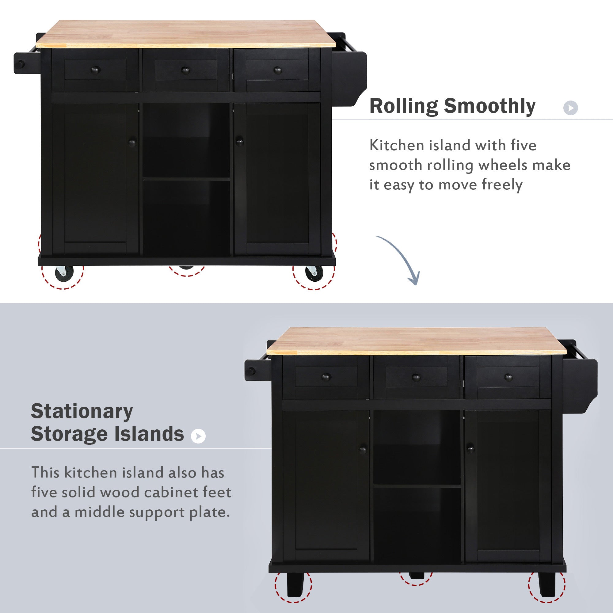 Kitchen Cart with Rubber wood Drop-Leaf Countertop ,Cabinet door internal storage racks,Kitchen Island on 5 Wheels with Storage Cabinet and 3 Drawers for Dinning Room, Black - Grand Goldman Shop