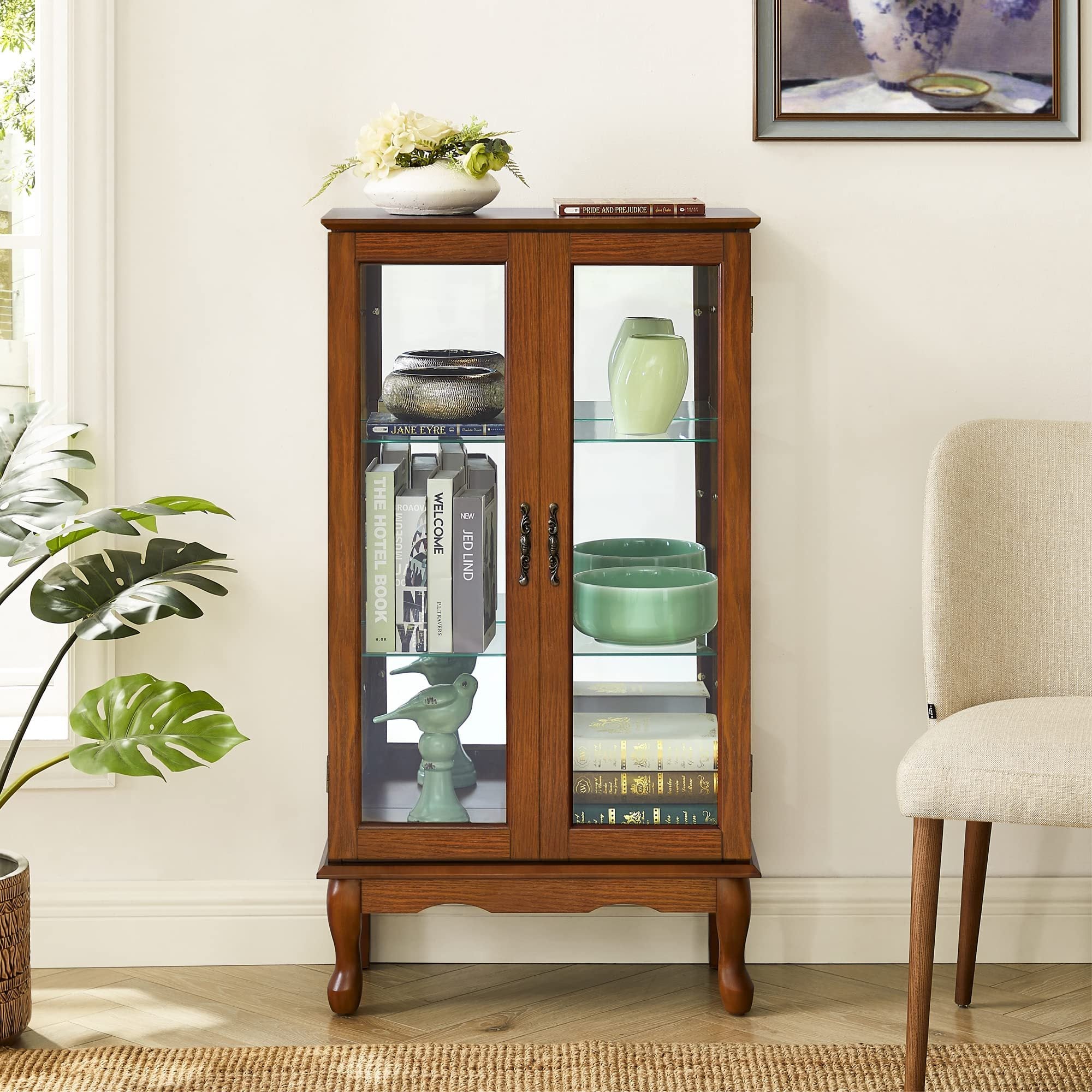 Lighted Curio Cabinet with Adjustable Shelves, Mirrored Back Panel, and Tempered Glass Doors, 3-Tier Oak Finish - Grand Goldman Shop