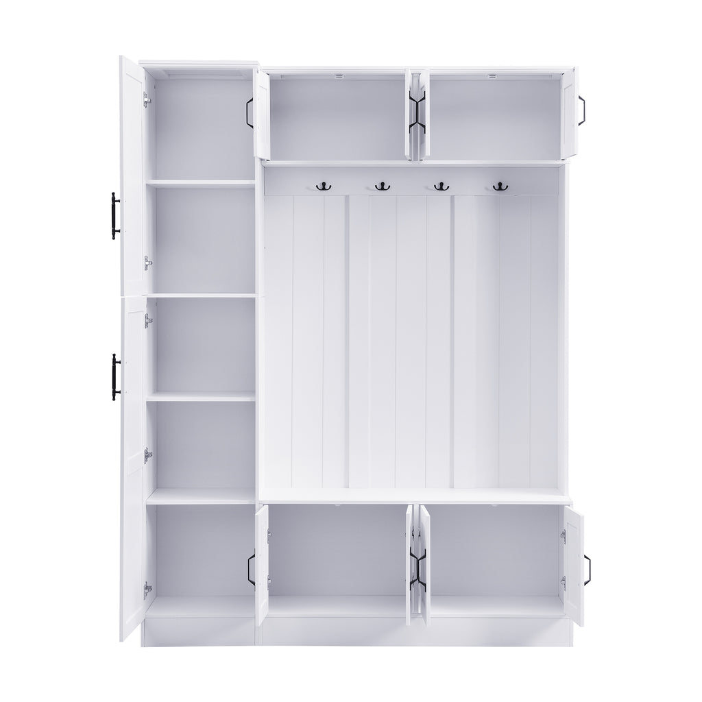 VIBE HAUS 79'' Tall Modern Hall Tree with Shoe Storage, 4-in-1 Entryway Bench with 6 Cabinets, 4 Coat Hooks & Adjustable Shelf for Hallway, living room, White - Grand Goldman Shop
