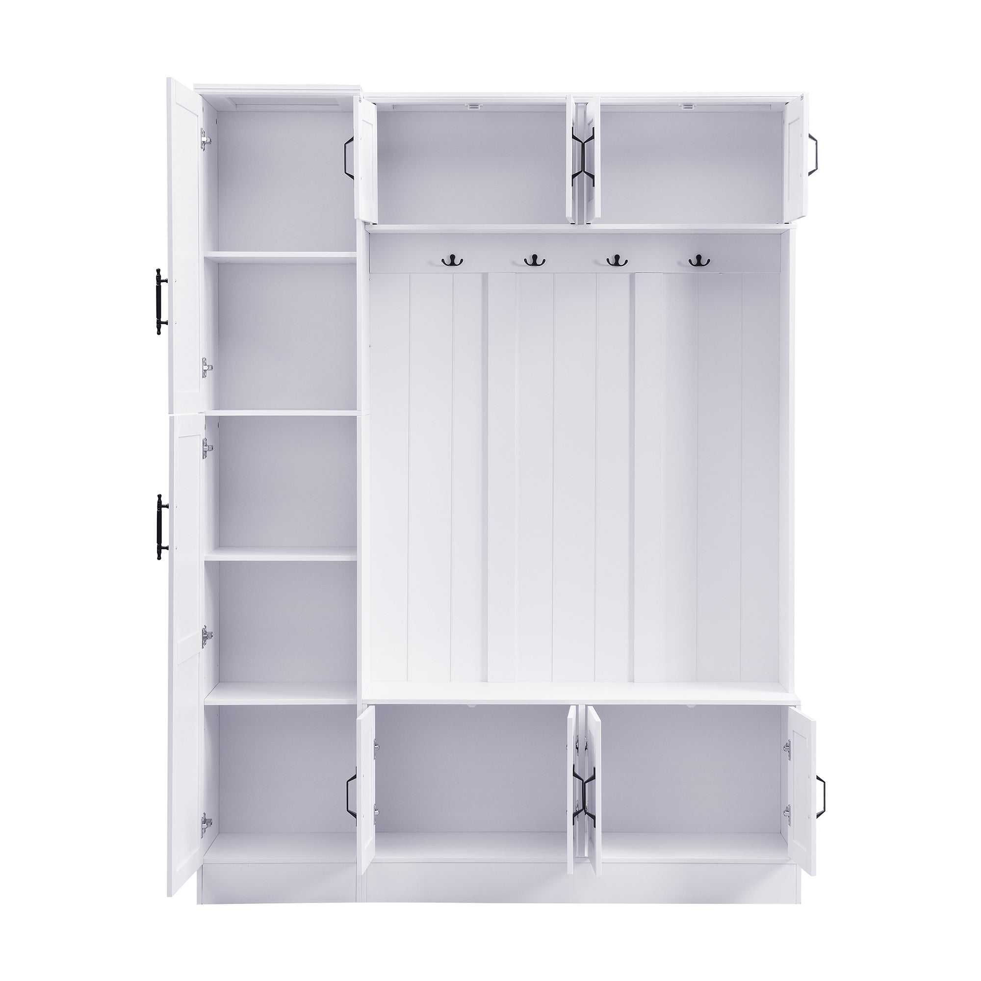 VIBE HAUS 79'' Tall Modern Hall Tree with Shoe Storage, 4-in-1 Entryway Bench with 6 Cabinets, 4 Coat Hooks & Adjustable Shelf for Hallway, living room, White - Grand Goldman Shop