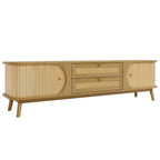 Modern Farmhouse Rattan TV Stand for TVs up to 75'', Solid Wood Legs, Natural Wood Finish Media Console with Storage Drawers and Sliding Doors - Grand Goldman Shop